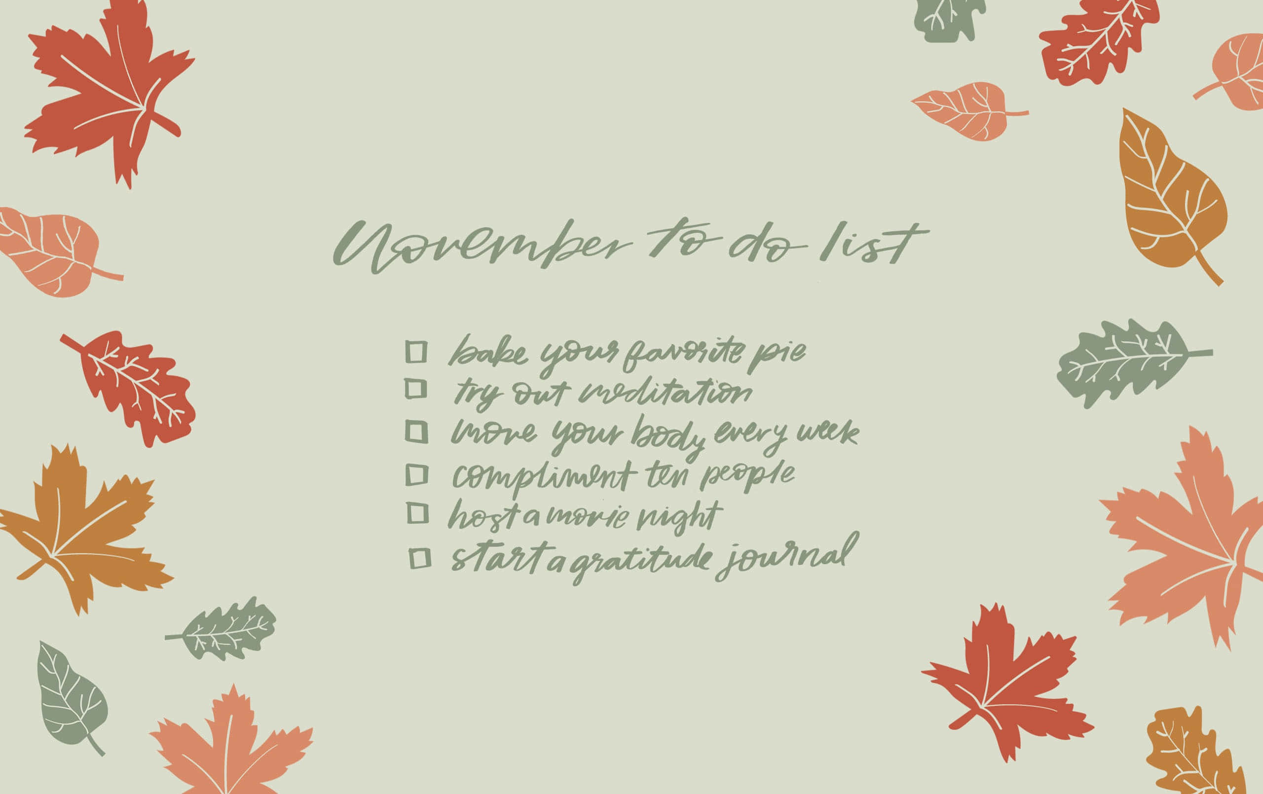 November Desktop 桌布 壁紙 — 十一月待辦事項清單，周圍散落著溫暖的紅色、橙色和綠色的秋葉，背景是柔和的米色。