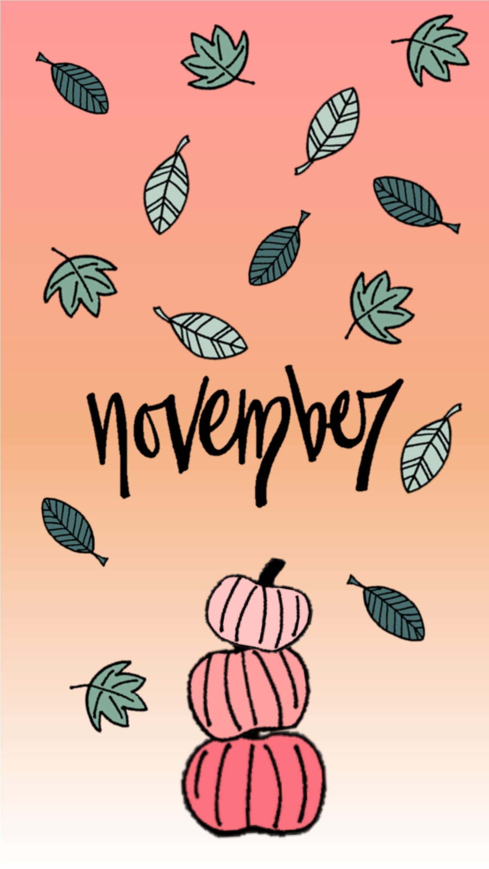 Aesthetic November 桌布 壁紙 — 十一月插圖風格桌布，以柔和蜜桃漸變背景襯托堆疊的粉紅南瓜和飄落的綠葉。