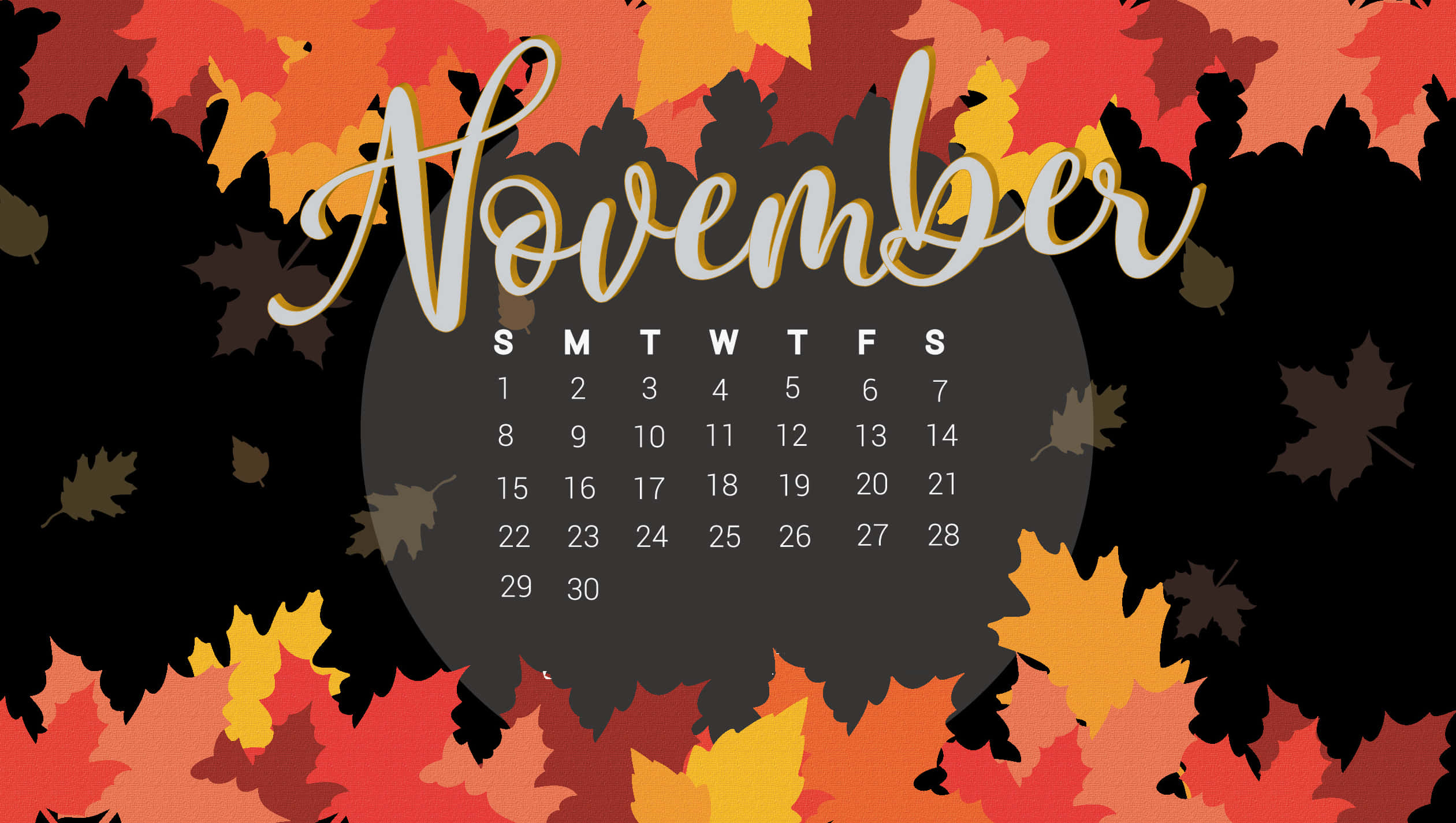 Calendar 桌布 壁紙 — 十一月日曆以鮮豔的紅、橙、黃色秋葉鑲嵌在深色背景上。