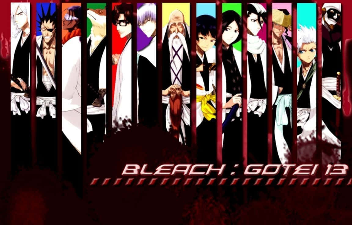Bleach Anime 桌布 壁紙 — 十三位身穿黑白服裝的動漫戰士站在垂直面板中，背景為深紅色，下方有發光文字。