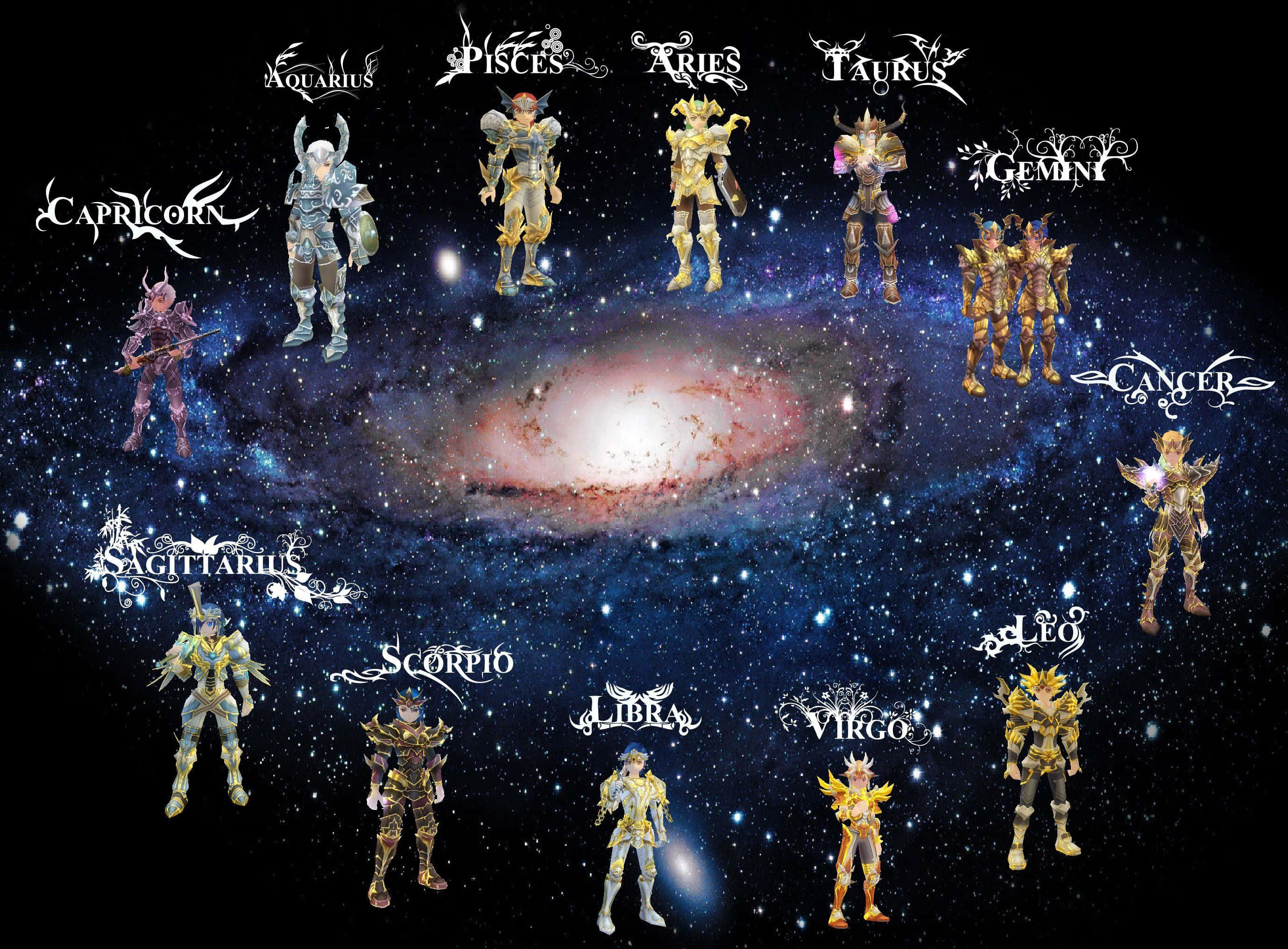 zodiac 桌布 壁紙 — 十二位身穿盔甲的星座戰士在星空下圍繞著發光的星系形成一個宇宙圓圈。