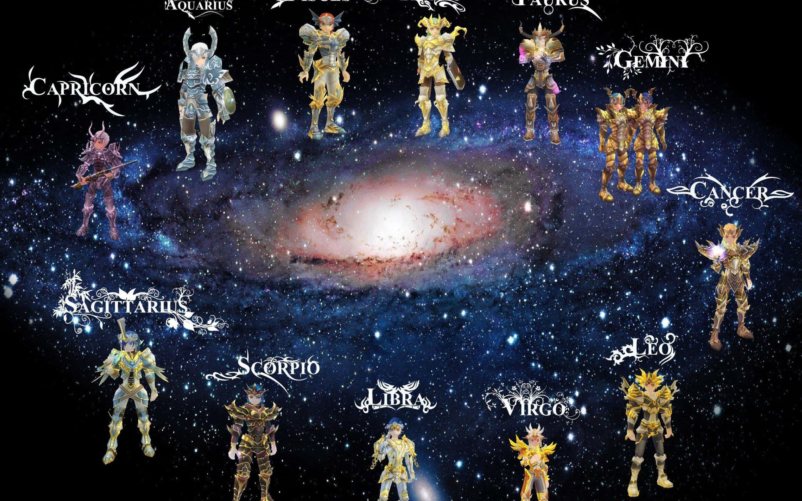 Virgo 桌布 壁紙 — 十二位身穿盔甲的星座戰士漂浮在閃爍的螺旋星系周圍，背景是星光燦爛的宇宙。