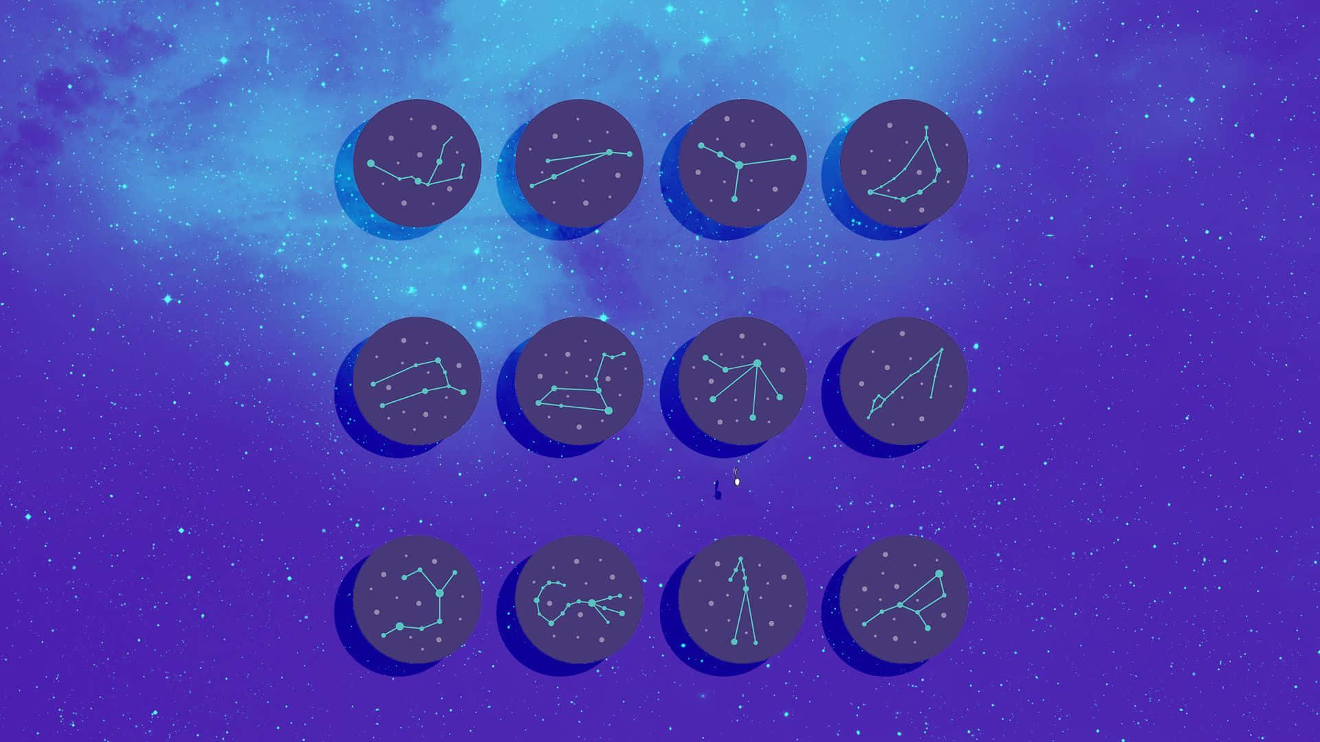 桌布 壁紙 — 十二個圓形圖標顯示星座，漂浮在紫色和藍色星雲的鮮豔宇宙背景上。