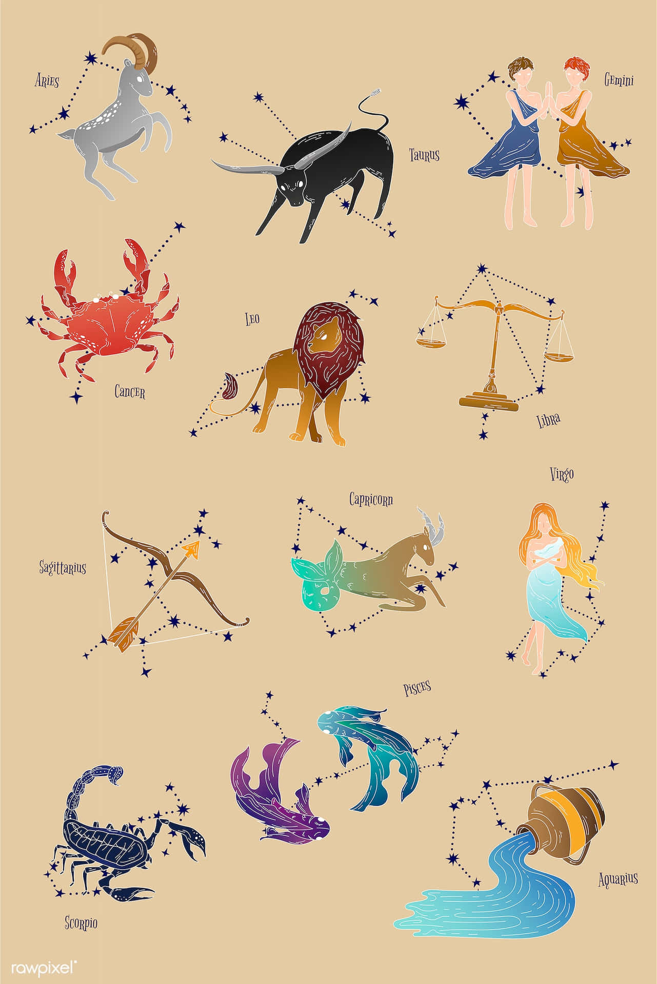 星座 桌布 壁紙 — 十二個彩色插圖星座，帶有星群，背景為米色。