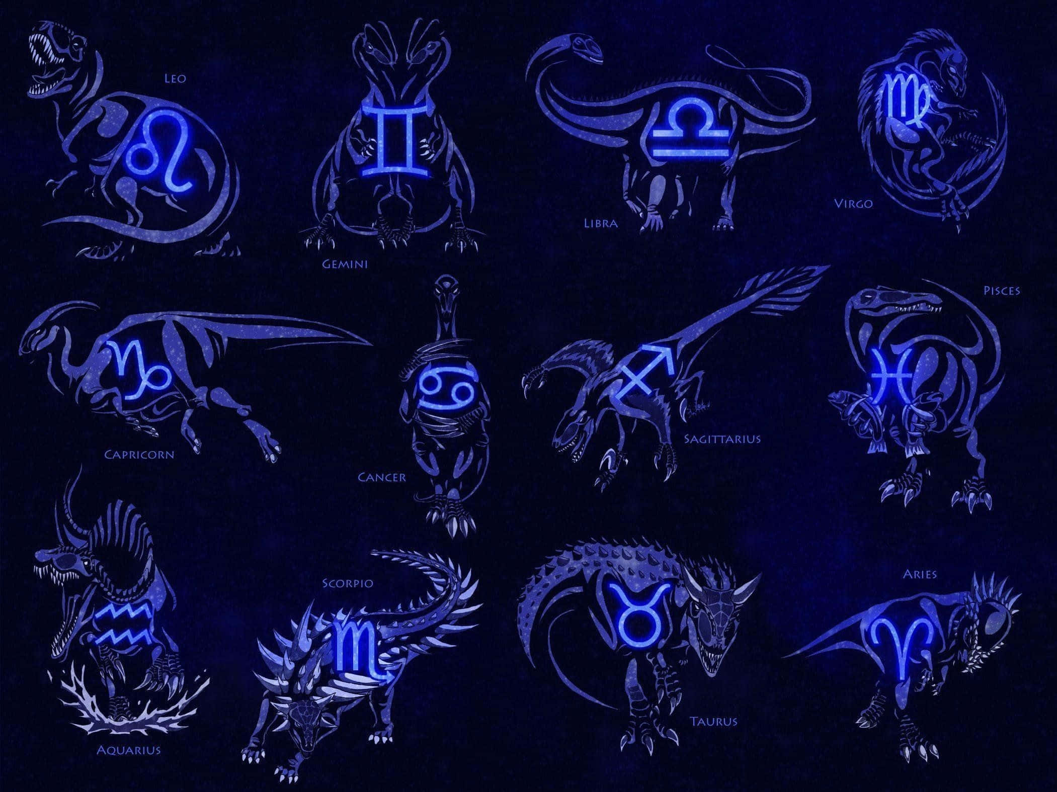雙魚座 桌布 壁紙 — 十二個星座以發光藍色恐龍剪影形式呈現，背景為黑暗宇宙。