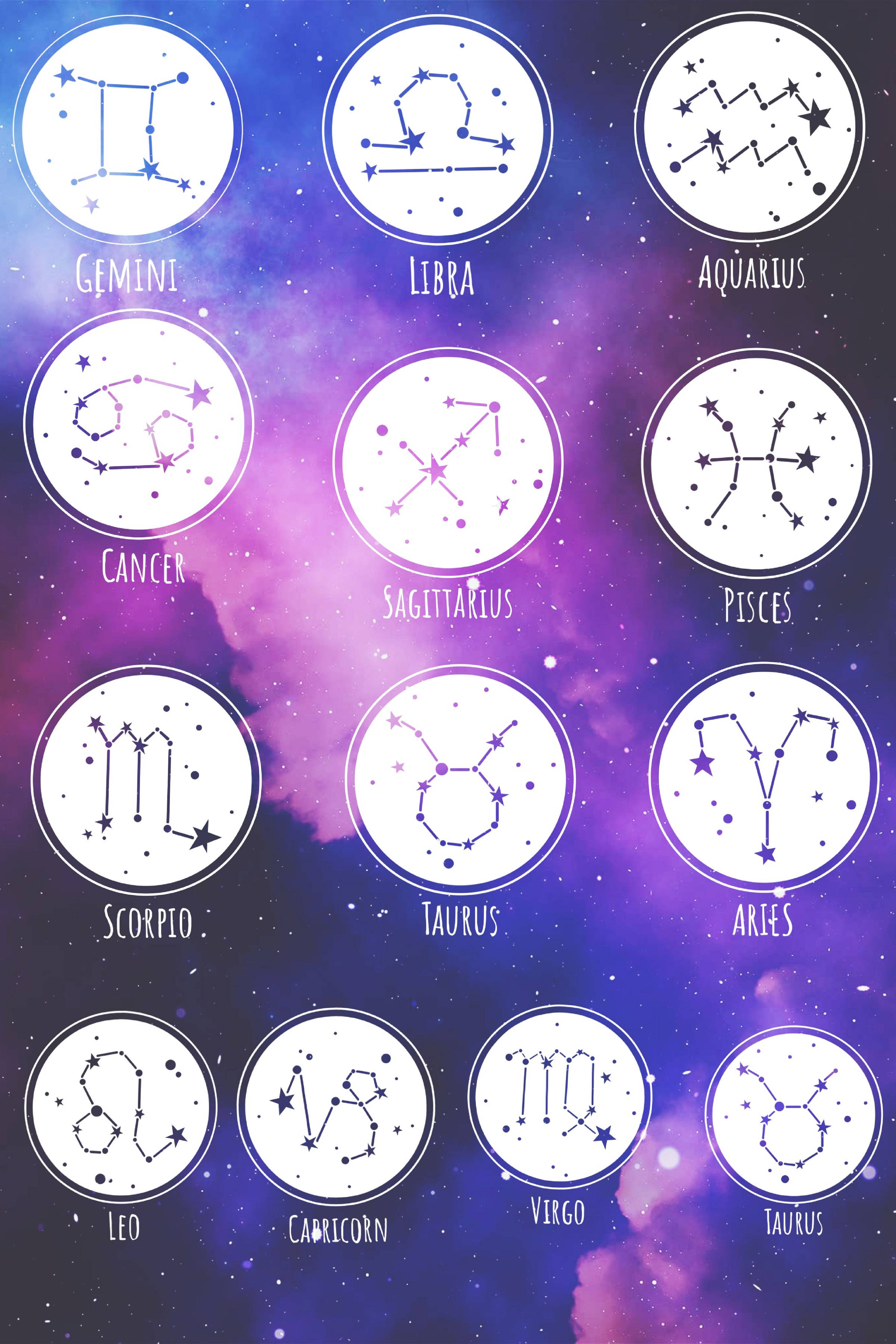 zodiac 桌布 壁紙 — 十二個星座以白色圓圈呈現，漂浮在充滿活力的紫色和藍色宇宙星雲背景上。