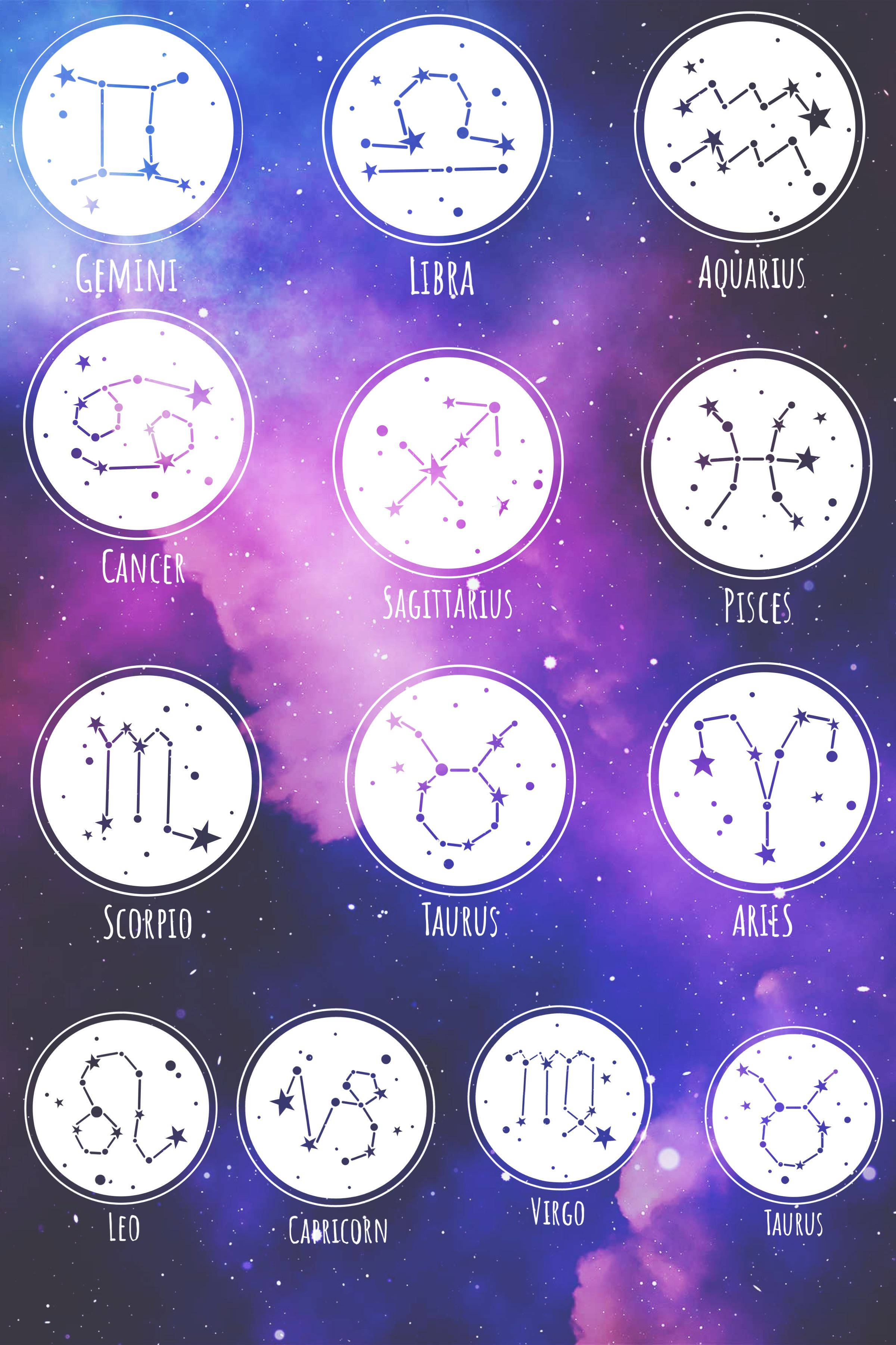 taurus 桌布 壁紙 — 十二個星座以白色圓圈漂浮在充滿活力的紫色和藍色宇宙星雲背景上。
