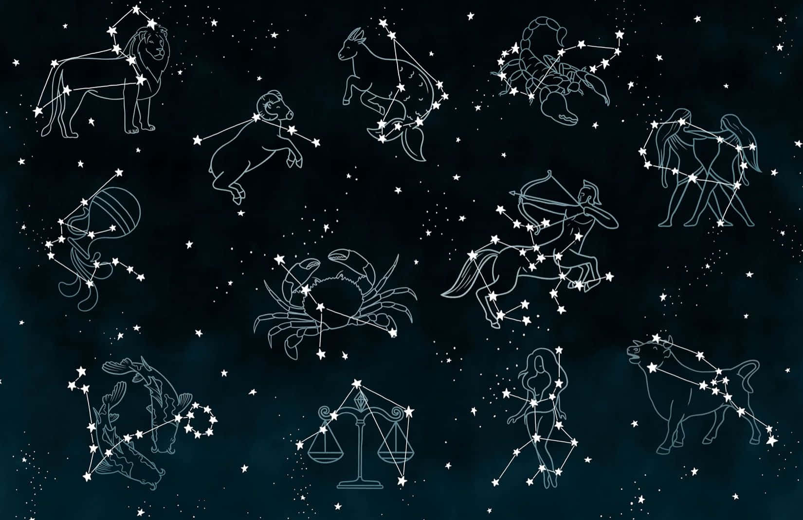 桌布 壁紙 — 十二個星座以白色線條勾勒，在深藍綠色的星空夜空中發光。