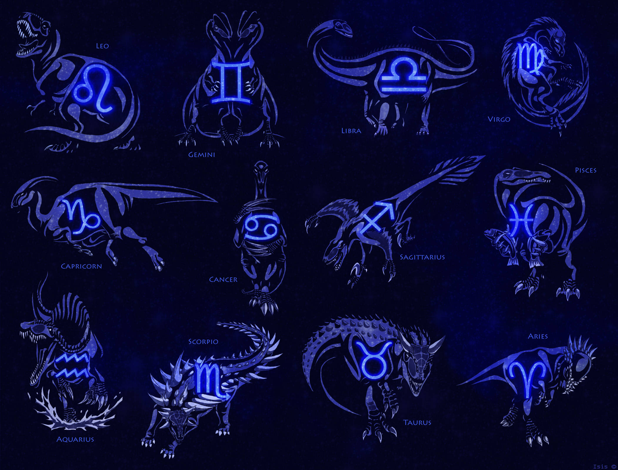 星座運勢 桌布 壁紙 — 十二個發光藍色黃道星座，描繪成兇猛的恐龍，背景為黑暗宇宙。
