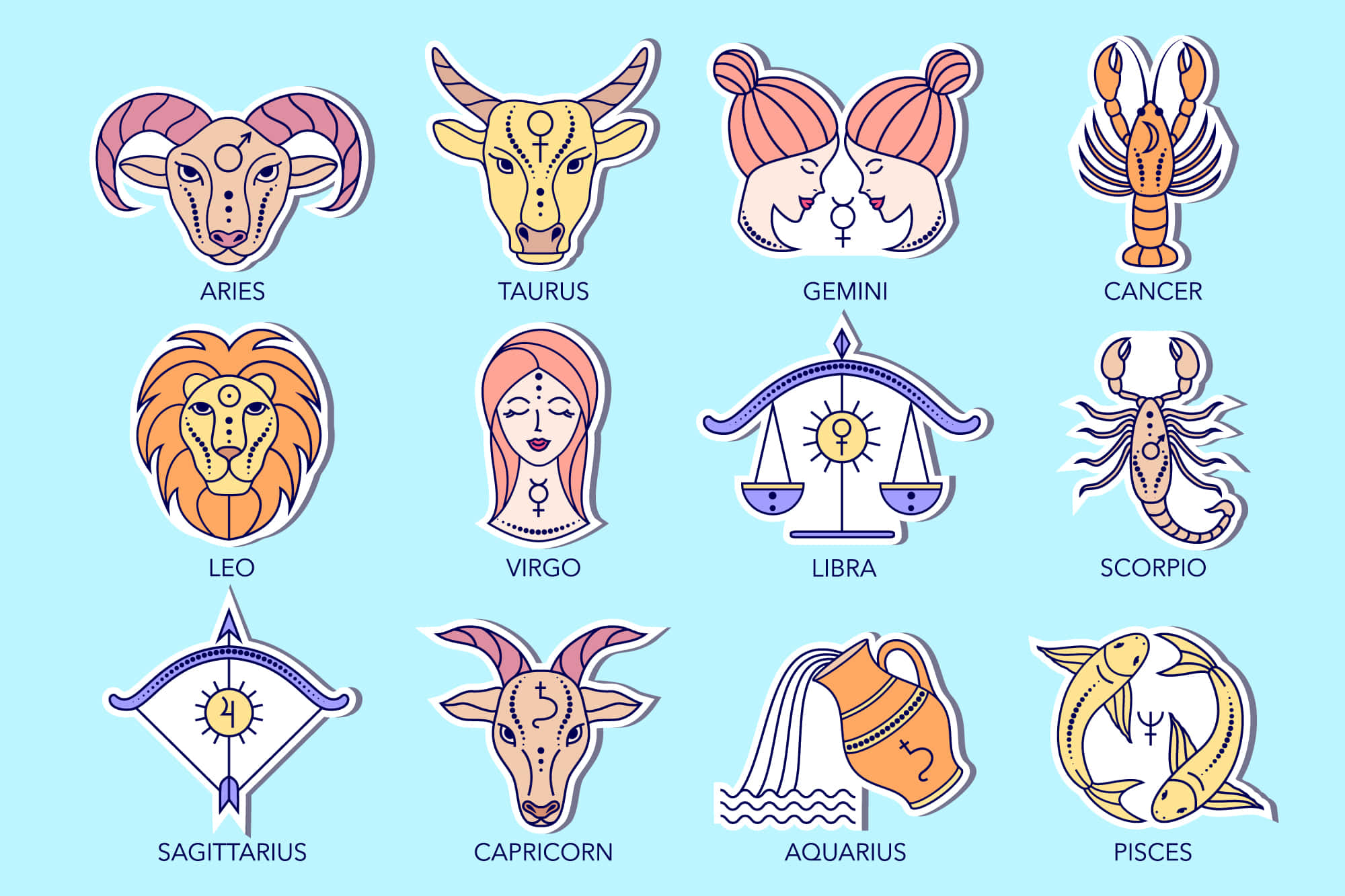 Zodiac Sign 桌布 壁紙 — 十二個色彩繽紛的星座以可愛貼紙形式繪製在淺藍色背景上。