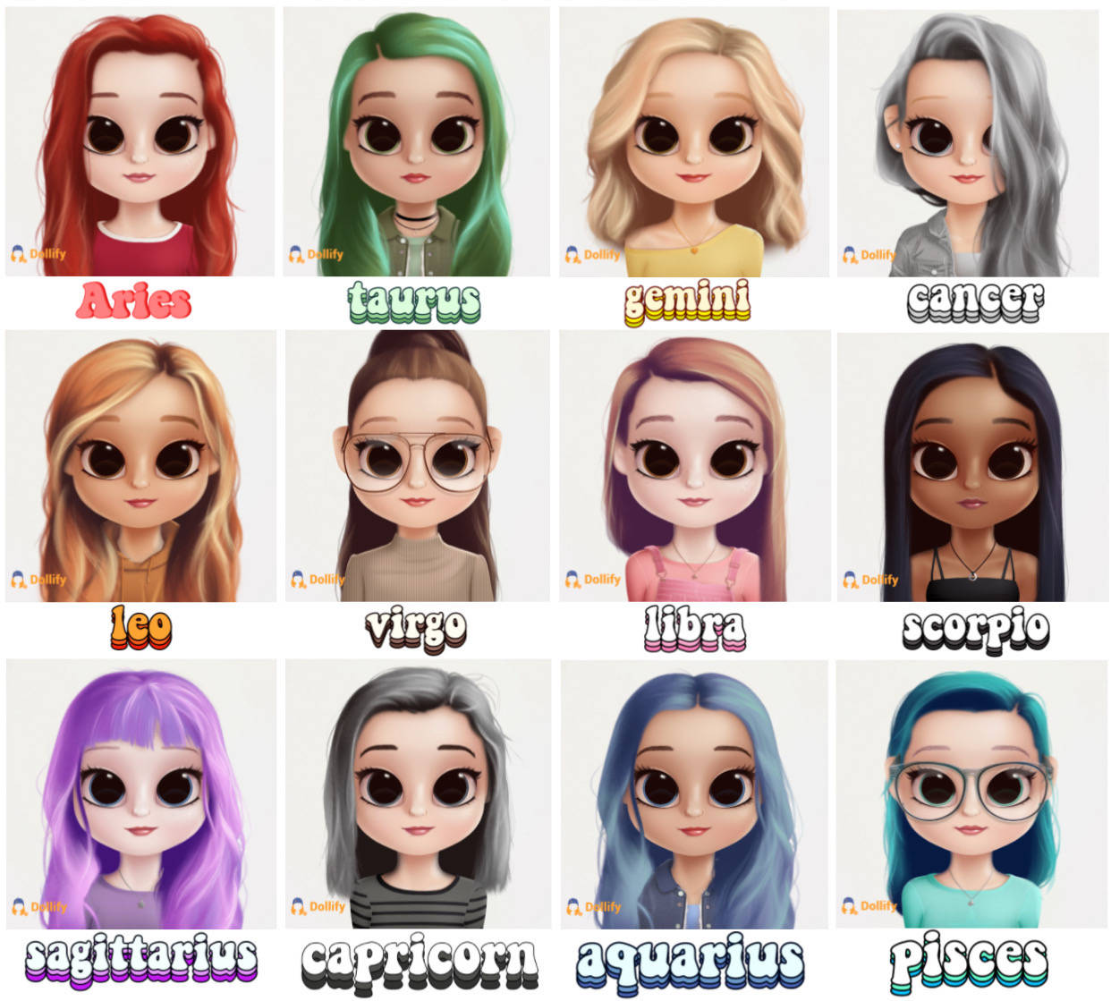 Dollify 桌布 壁紙 — 十二個風格化的卡通女孩，擁有獨特的髮色，每個肖像下方帶有星座標籤，背景為純白色。