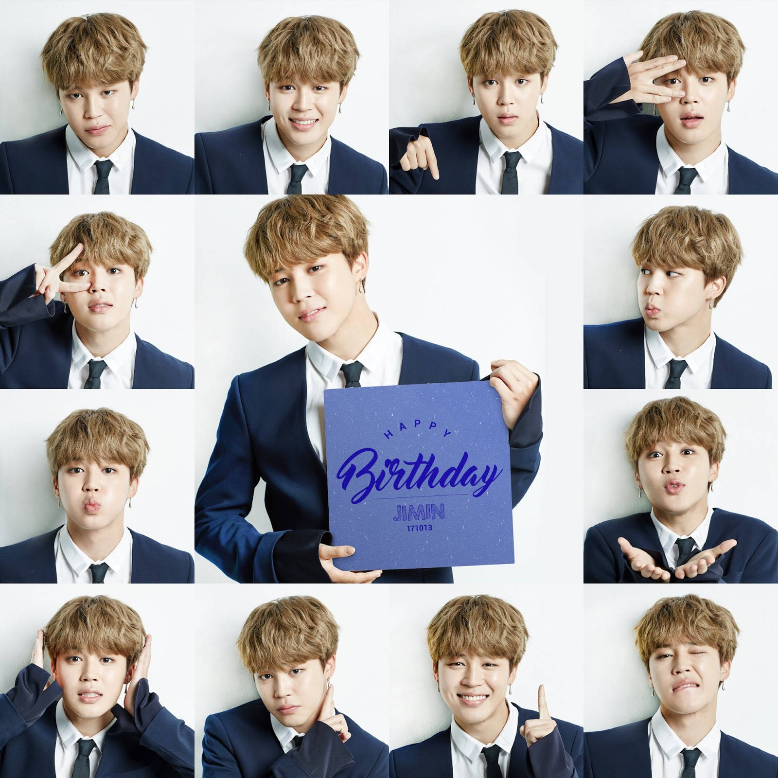 BTS 智旻 桌布 壁紙 — 十二張照片的網格顯示一位身穿海軍藍西裝的年輕男子在純白背景前拿著生日卡做出各種鬼臉。