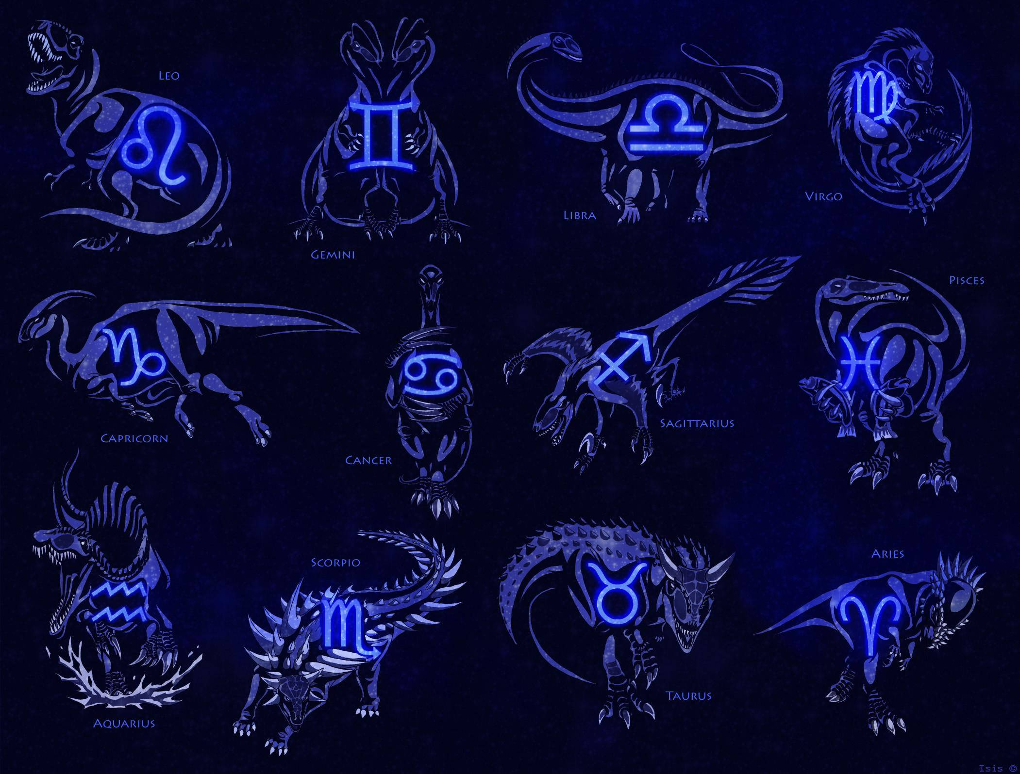雙魚座 桌布 壁紙 — 十二星座被創意地重新想像為在黑暗宇宙背景下發光的藍色恐龍。