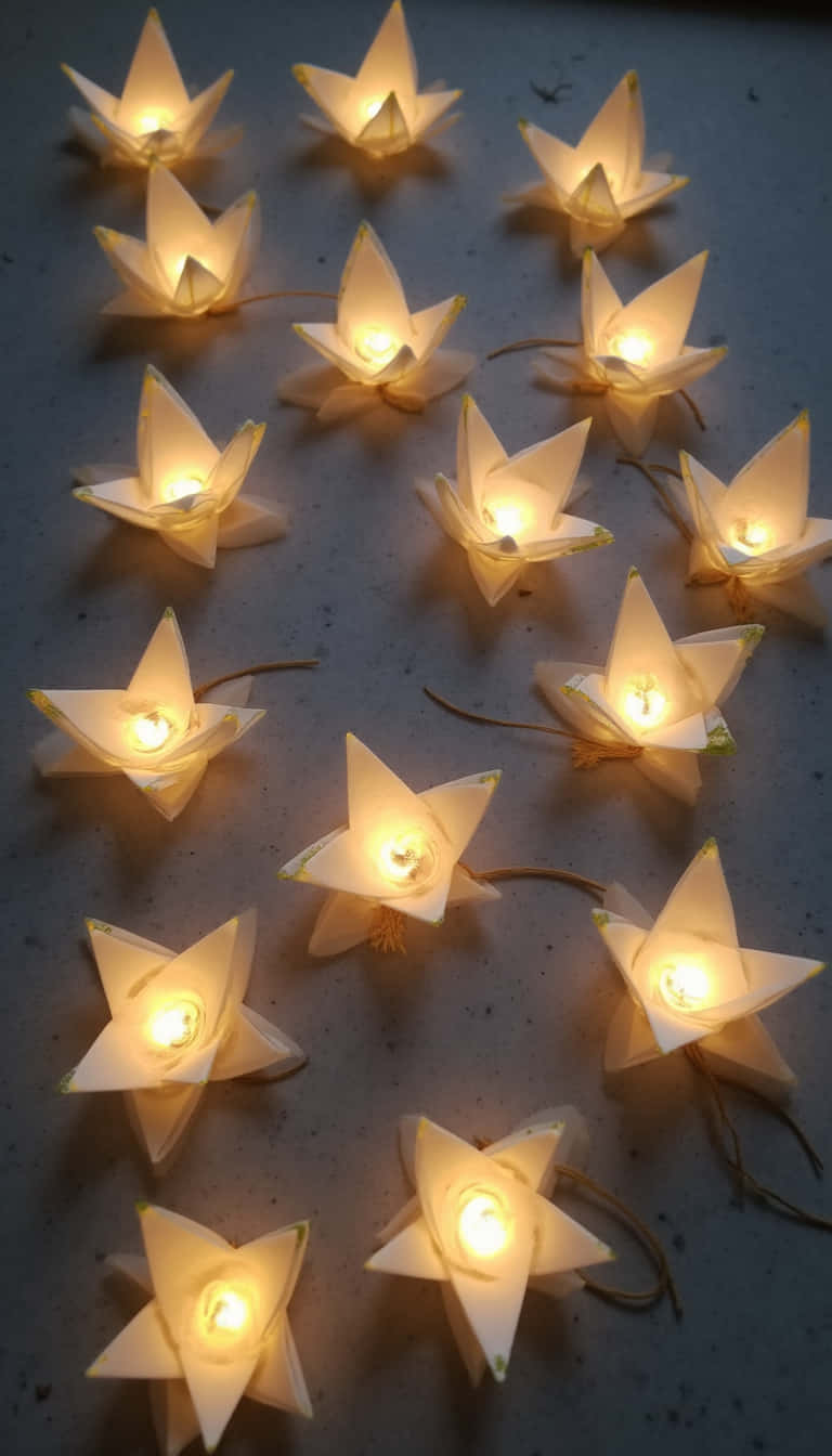 花卉 桌布 壁紙 — 十二盞發光的星形紙燈籠在帶紋理的灰色表面上投射出溫暖的光芒。