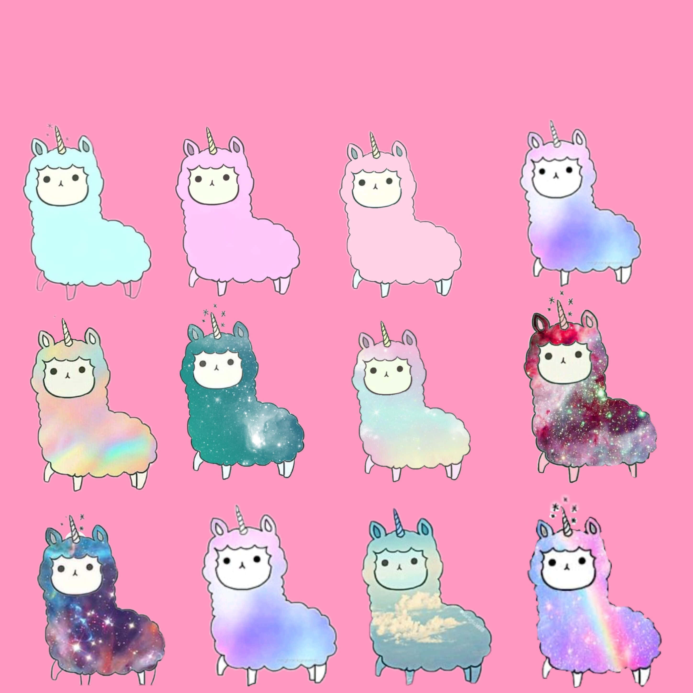 llama 桌布 壁紙 — 十二隻可愛的卡通獨角獸，帶有粉彩和銀河圖案，排列在粉紅色背景上的網格中。