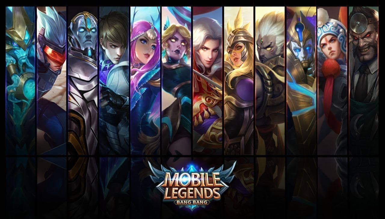 mobile legends logo 桌布 壁紙 — 十位奇幻遊戲英雄身穿精細盔甲和服飾，各自在垂直面板中，背景黑暗並帶有發光效果。