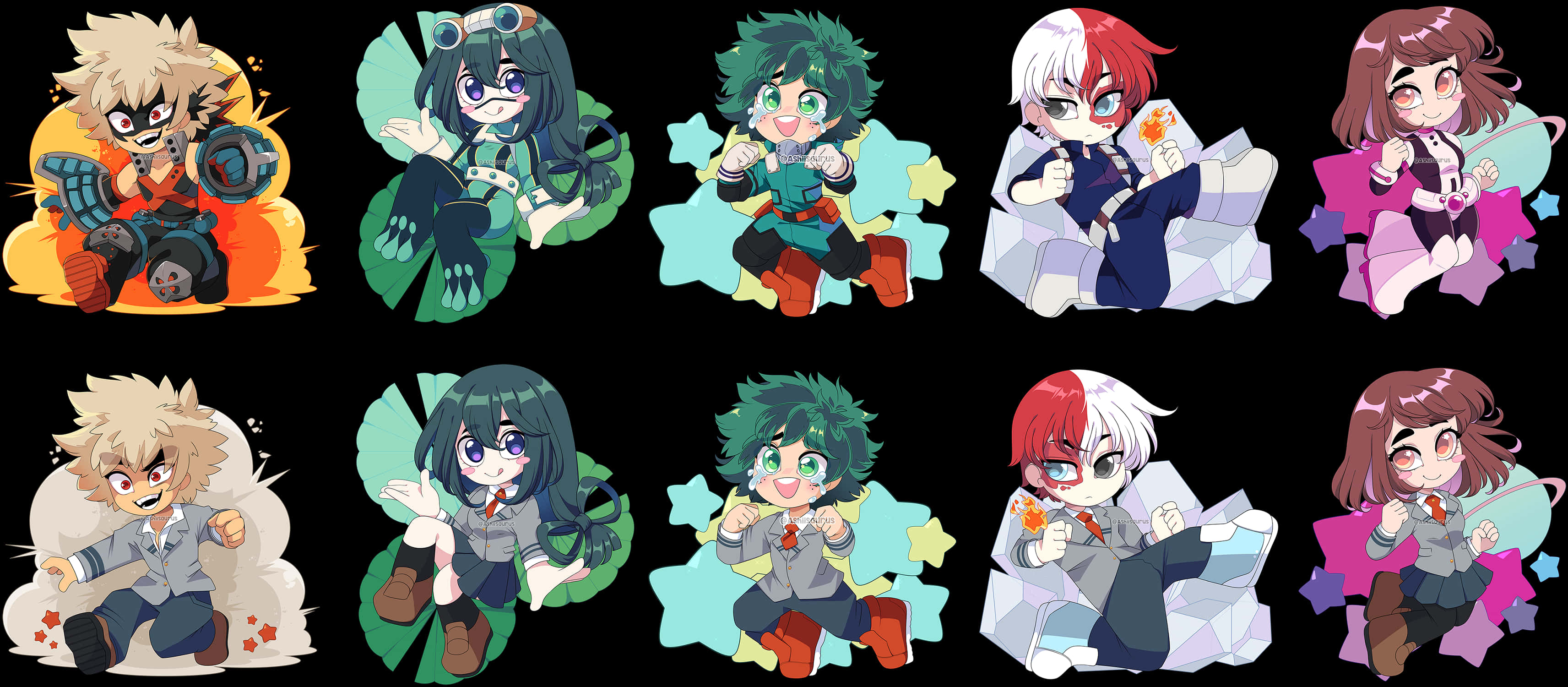 My Hero Academia Anime 桌布 壁紙 — 十個Q版動漫角色以動態姿勢呈現，搭配彩色星形背景，置於黑色背景之上。
