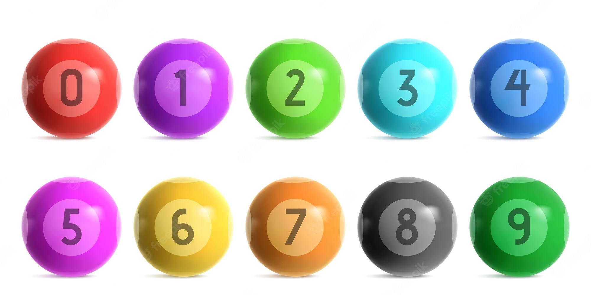 balls 桌布 壁紙 — 十個帶有編號的光澤球體，呈彩虹色，排列成兩行，背景為純白色。