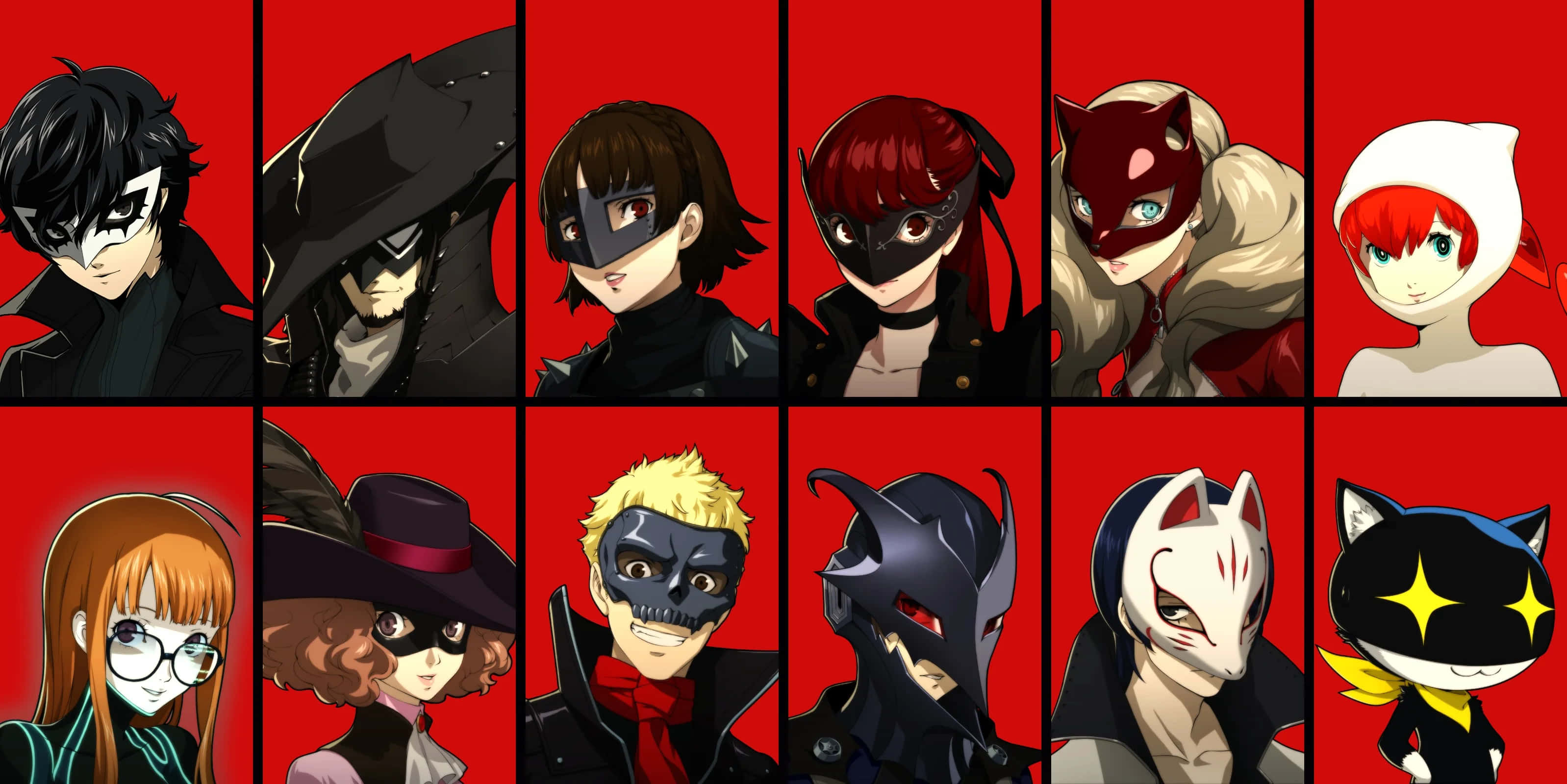 Persona 5 桌布 壁紙 — 十個戴面具的動漫角色，身穿黑色和紅色服裝，以網格佈局站在純紅色背景前。