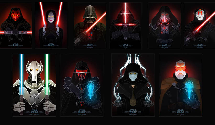 Revan 桌布 壁紙 — 十個星戰西斯尊主和審判官站在黑暗面板中，每個都揮舞著發光的紅色或藍色光劍或原力能量，表情兇惡。