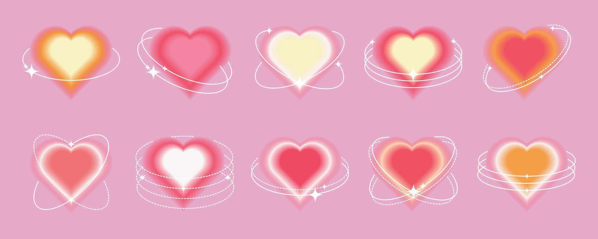 Pink Heart Aura 桌布 壁紙 — 十個發光的心形，帶有環繞的圓環和閃光，漂浮在柔和的粉紅色背景上。