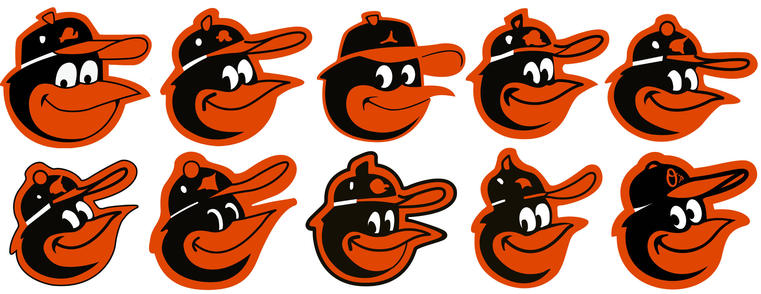 Orioles 桌布 壁紙 — 十個相同的卡通黃鸝鳥標誌，戴著橙色和黑色的棒球帽。
