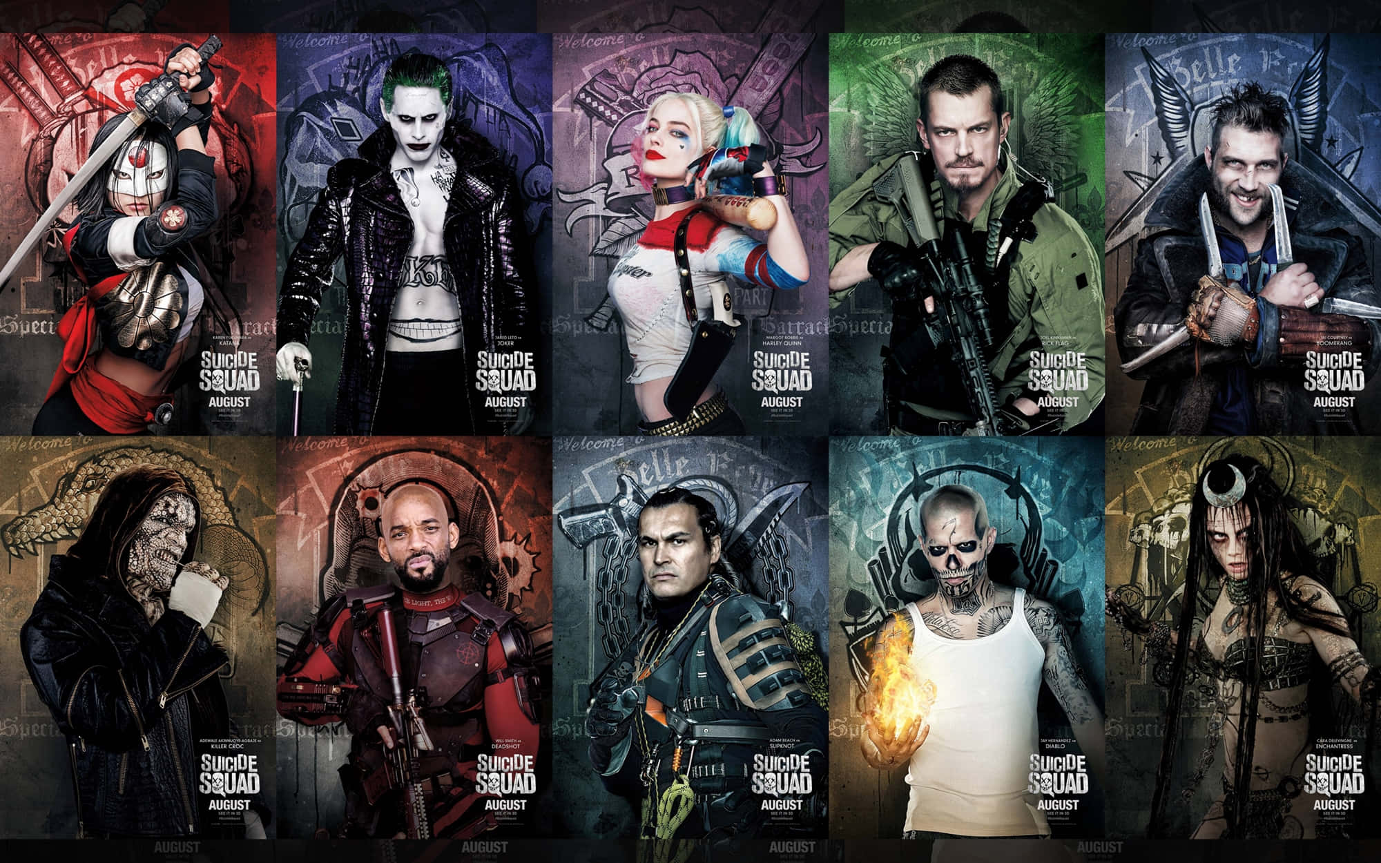 The Suicide Squad 桌布 壁紙 — 十個自殺突擊隊角色在 gritty 宣傳海報中，帶有深色背景和強烈表情。