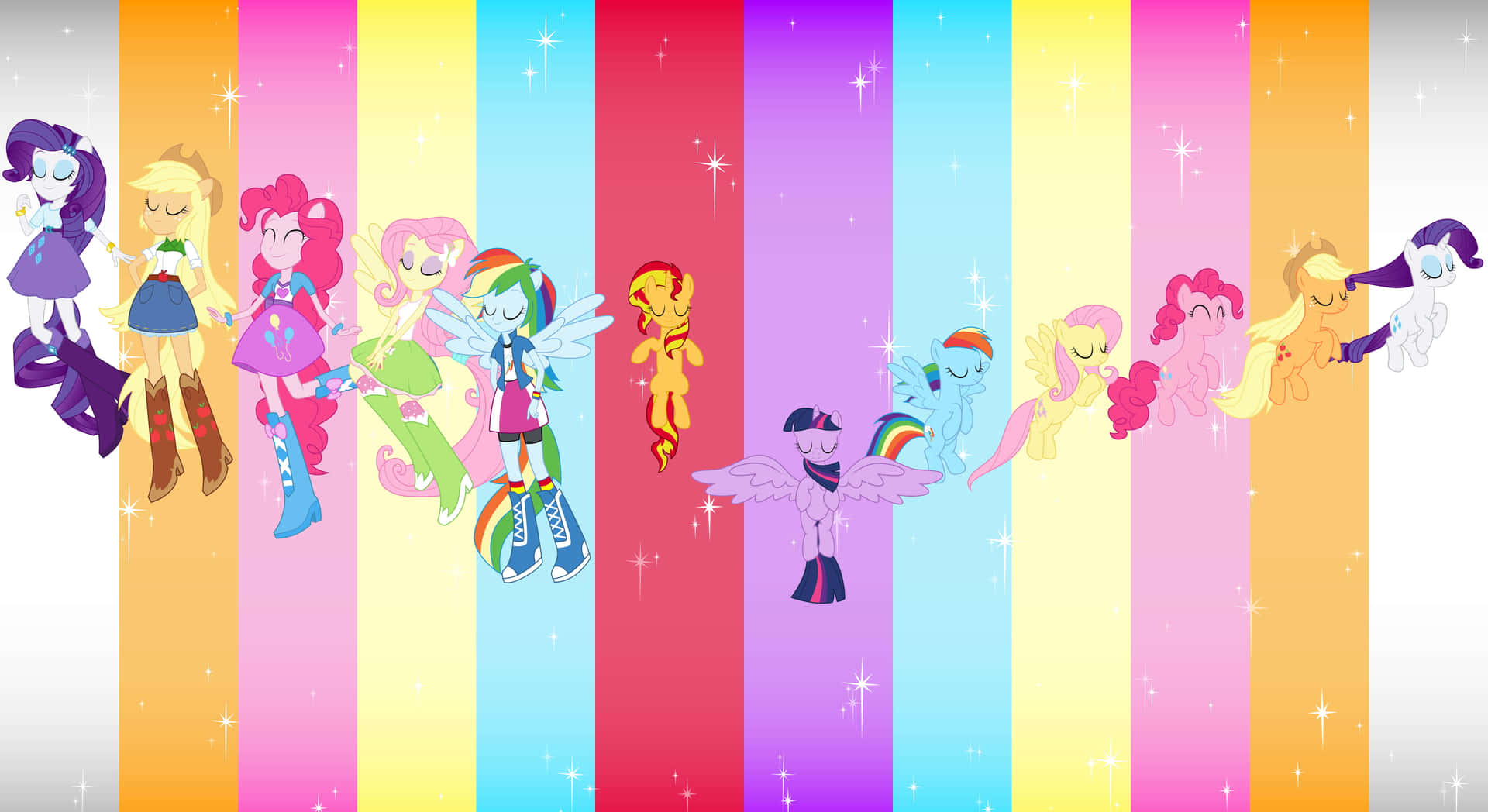 彩虹小馬 桌布 壁紙 — 十個色彩繽紛的My Little Pony角色在充滿活力的彩虹條紋背景上平靜地漂浮，並伴有閃爍的星星。