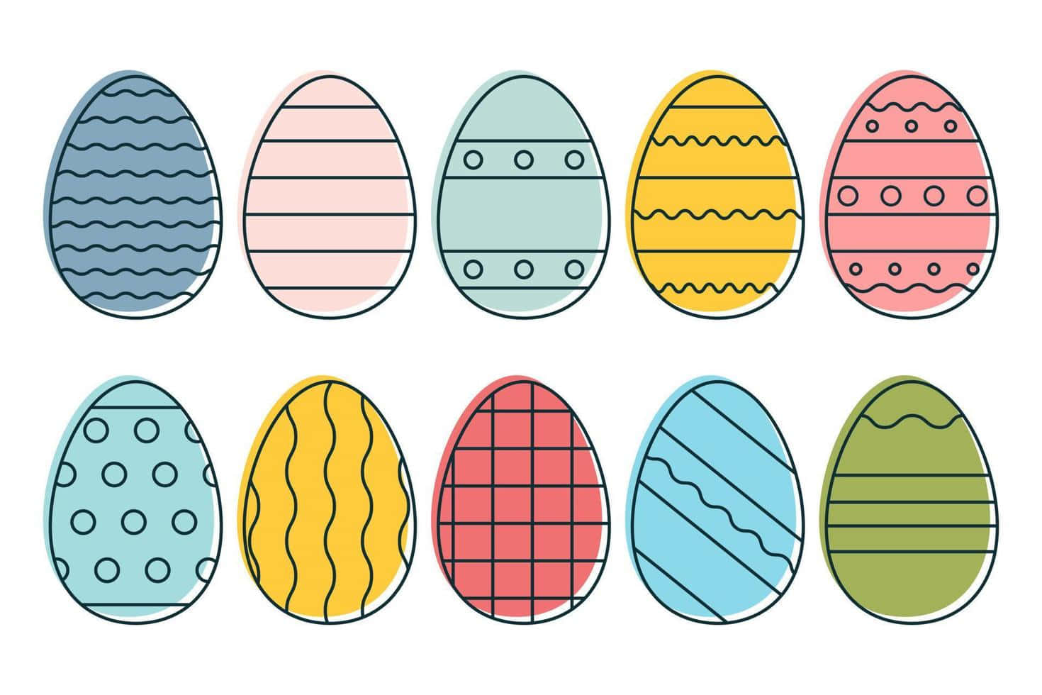 Eggs 桌布 壁紙 — 十個色彩繽紛的復活節蛋，帶有條紋、波浪和圓點等俏皮圖案，排列成兩行，放在乾淨的白色背景上。
