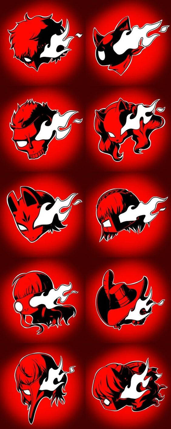 Persona 5 Phone 桌布 壁紙 — 十個風格化的紅色和黑色惡魔面具，帶有火焰裝飾，排列在發光的紅色背景上。