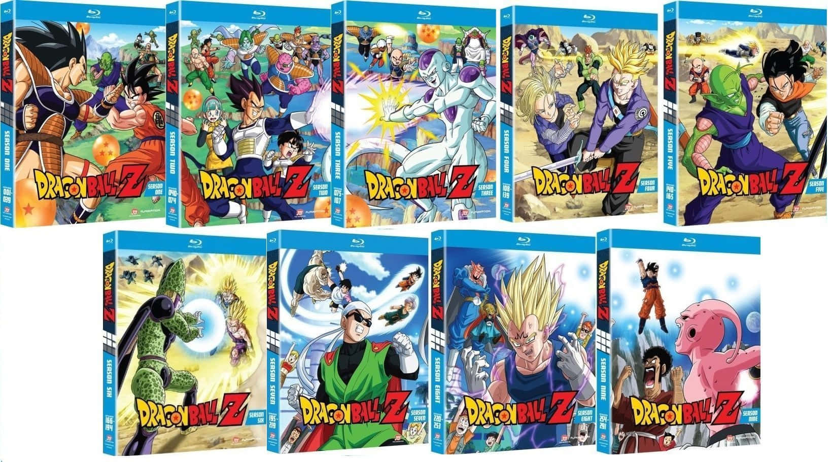 Dbz Movies 桌布 壁紙 — 十個龍珠Z Blu-ray盒套封面排列成兩行，展示色彩繽紛背景前動態戰鬥姿勢的鮮豔動漫角色。