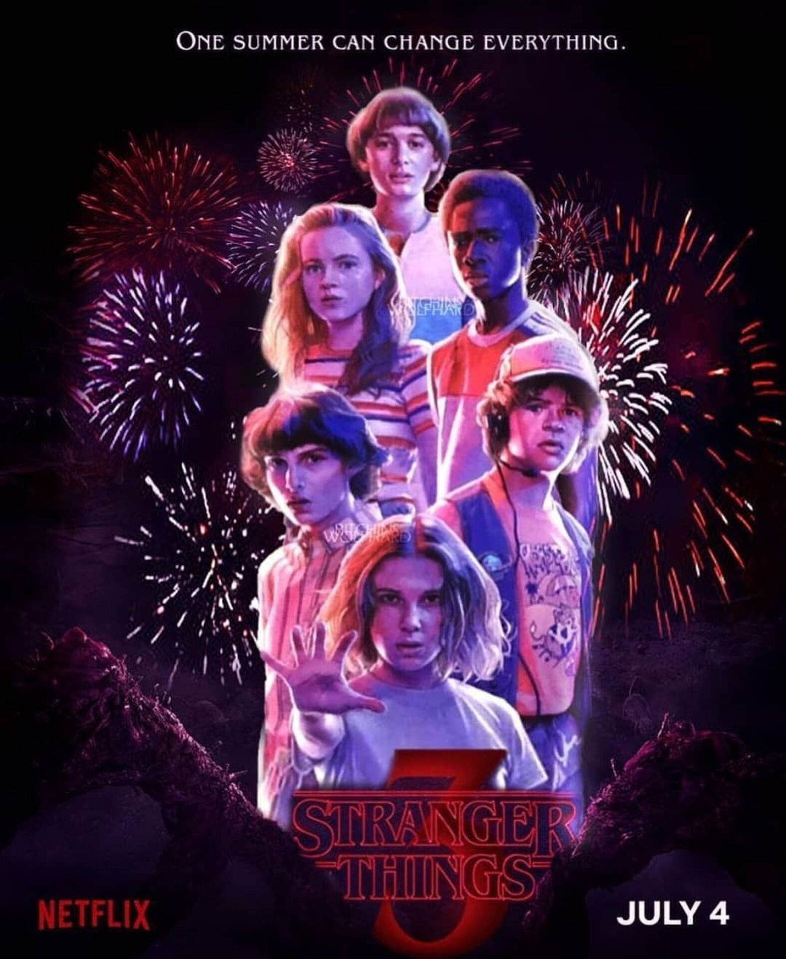 Stranger Things 3 桌布 壁紙 — 十六歲的朋友們站在紫色煙火下，背景是黑暗的天空，下方閃爍著Stranger Things的標題。