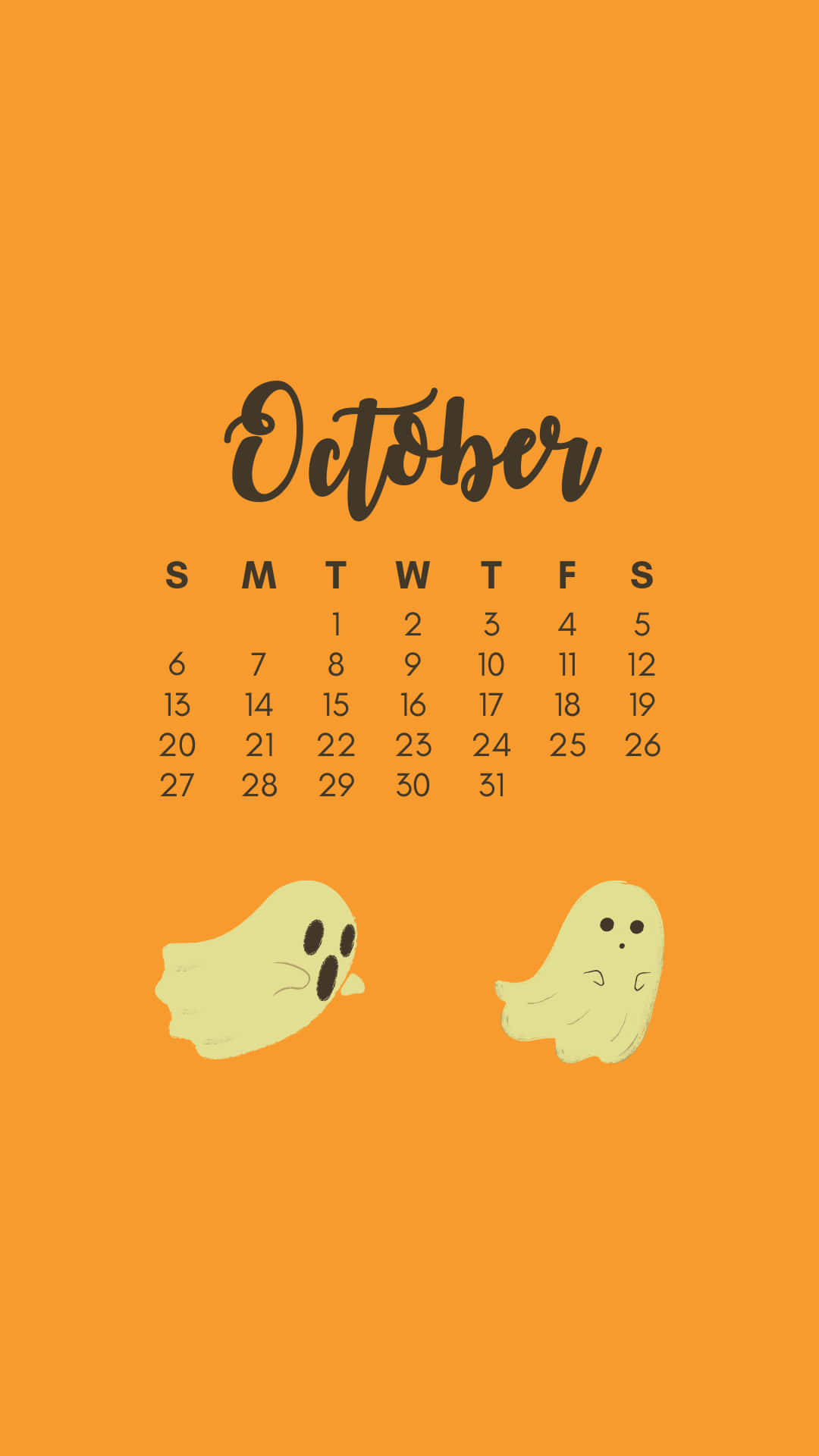 iPhone Cute Halloween 桌布 壁紙 — 十月日曆，兩個可愛鬼魂在純橙色背景上。