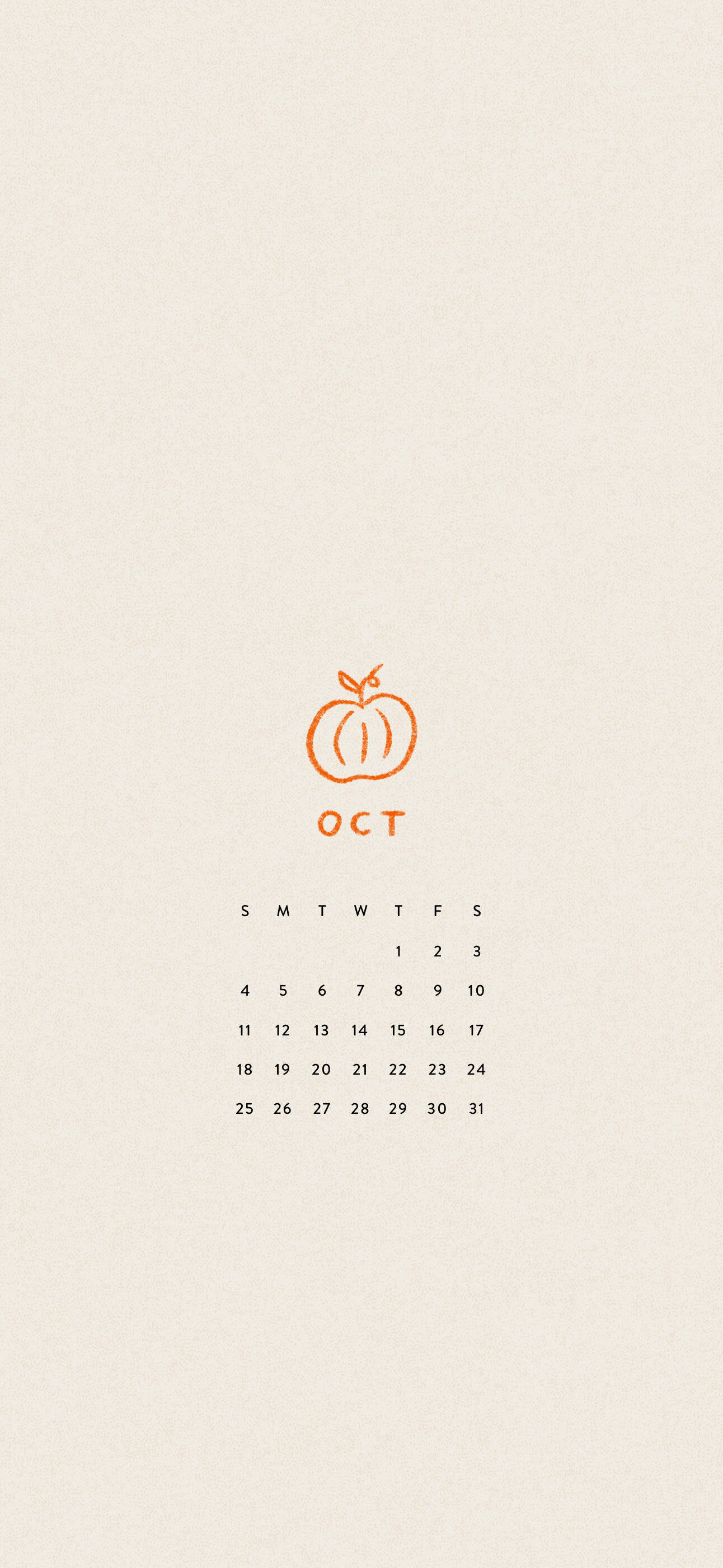 October 2020 Calendar 桌布 壁紙 — 十月橙色南瓜簡約日曆，帶有紋理米色背景和乾淨字體。