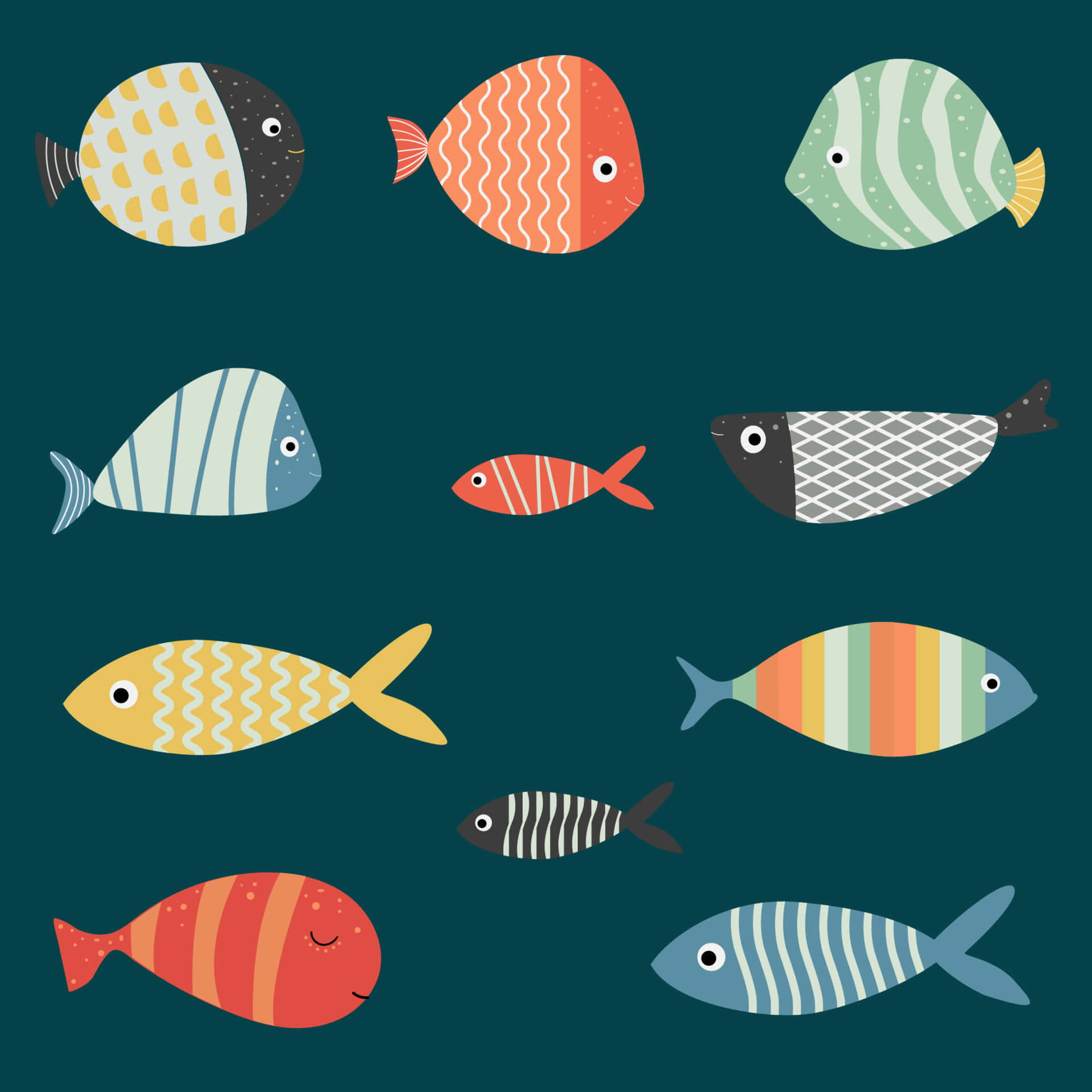 Kawaii Sea Creatures 桌布 壁紙 — 十條風格化的卡通魚，帶有彩色圖案，在深藍綠色背景中游動。
