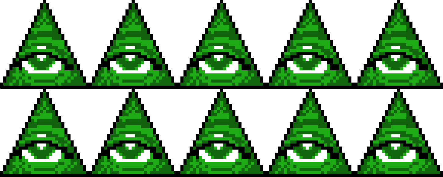illuminati 桌布 壁紙 — 十棵像素化綠色松樹，帶有發光的白色眼睛，在黑色背景前直視前方。
