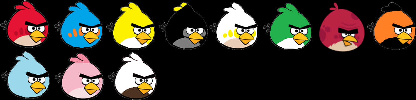 Angry Birds 桌布 壁紙 — 十隻色彩繽紛的卡通鳥，帶著憤怒的表情，排成兩行，站在黑色背景前。