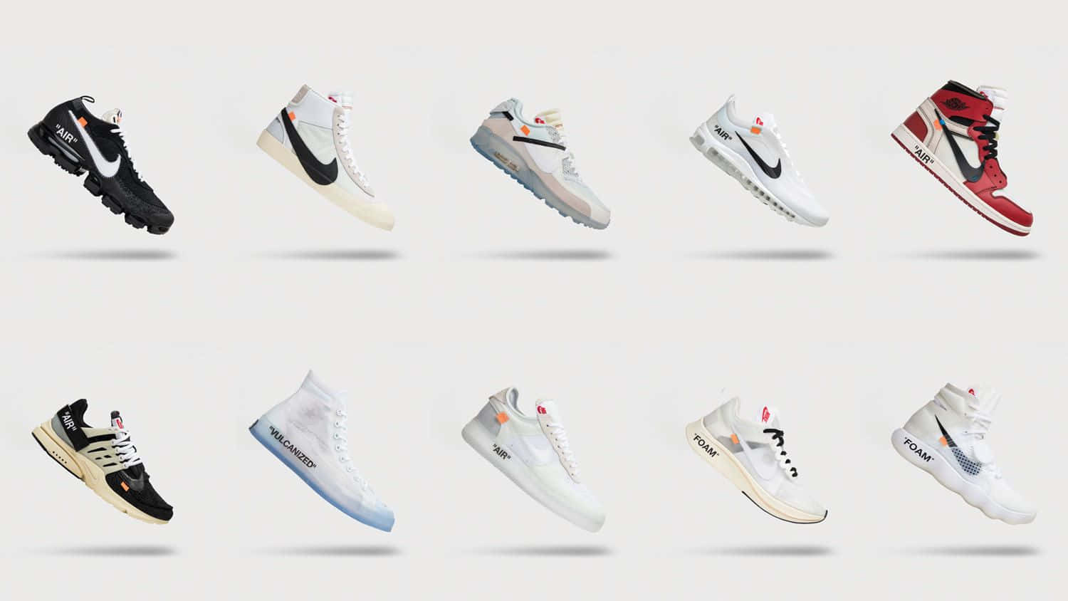 桌布 壁紙 — 十雙漂浮的Nike x Off White運動鞋，設計各異，懸浮在中性背景上。