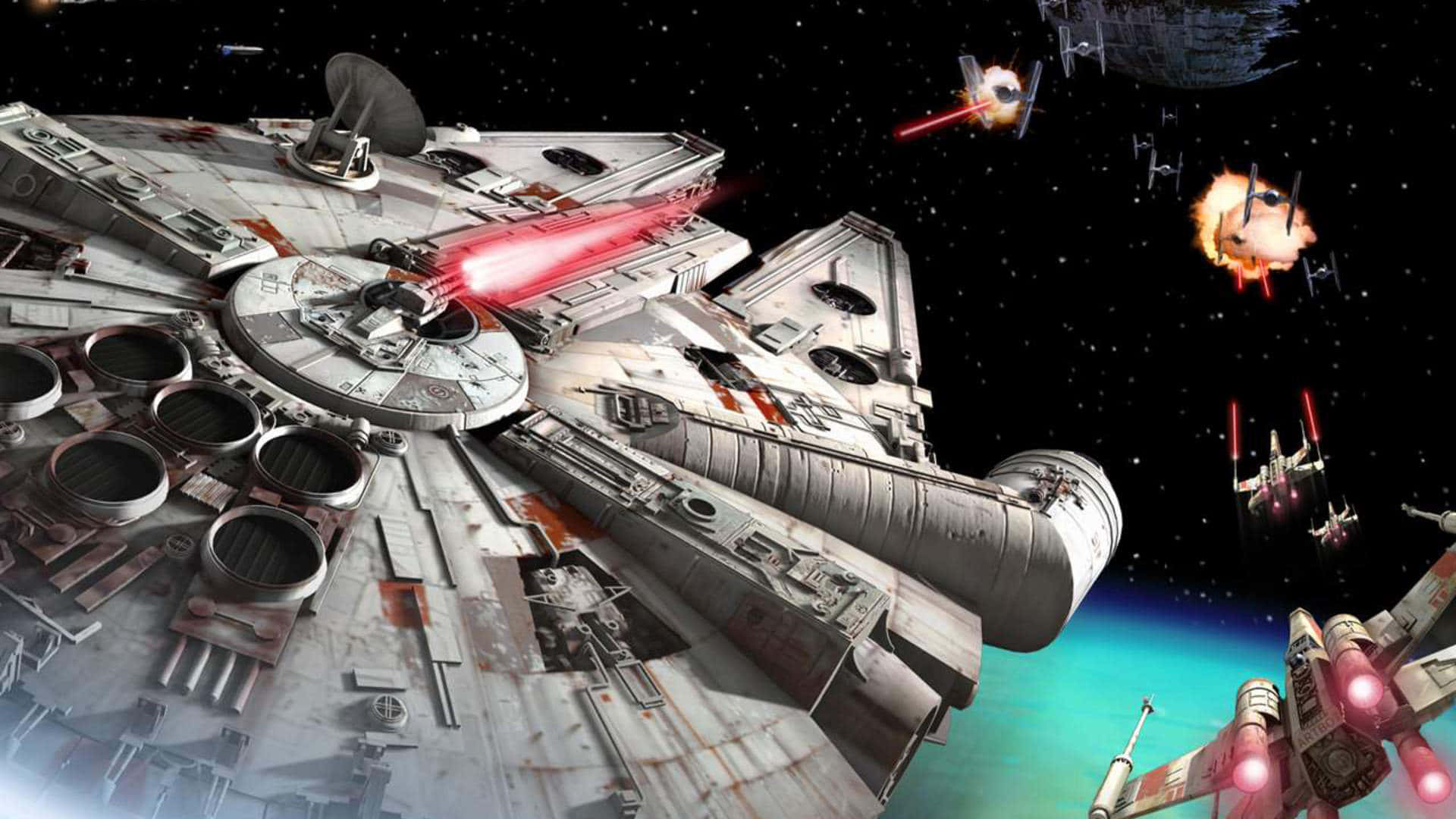 Star Wars X Wing 桌布 壁紙 — 千年鷹在史詩般的太空戰役中發射紅色雷射，TIE戰機和死星在星域中若隱若現。
