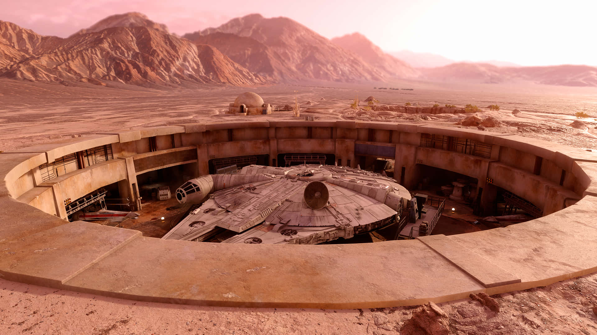 Tatooine 桌布 壁紙 — 千年鷹號停泊在沙漠峽谷中的圓形機庫，夕陽映照出粉紅和橙色的天空。