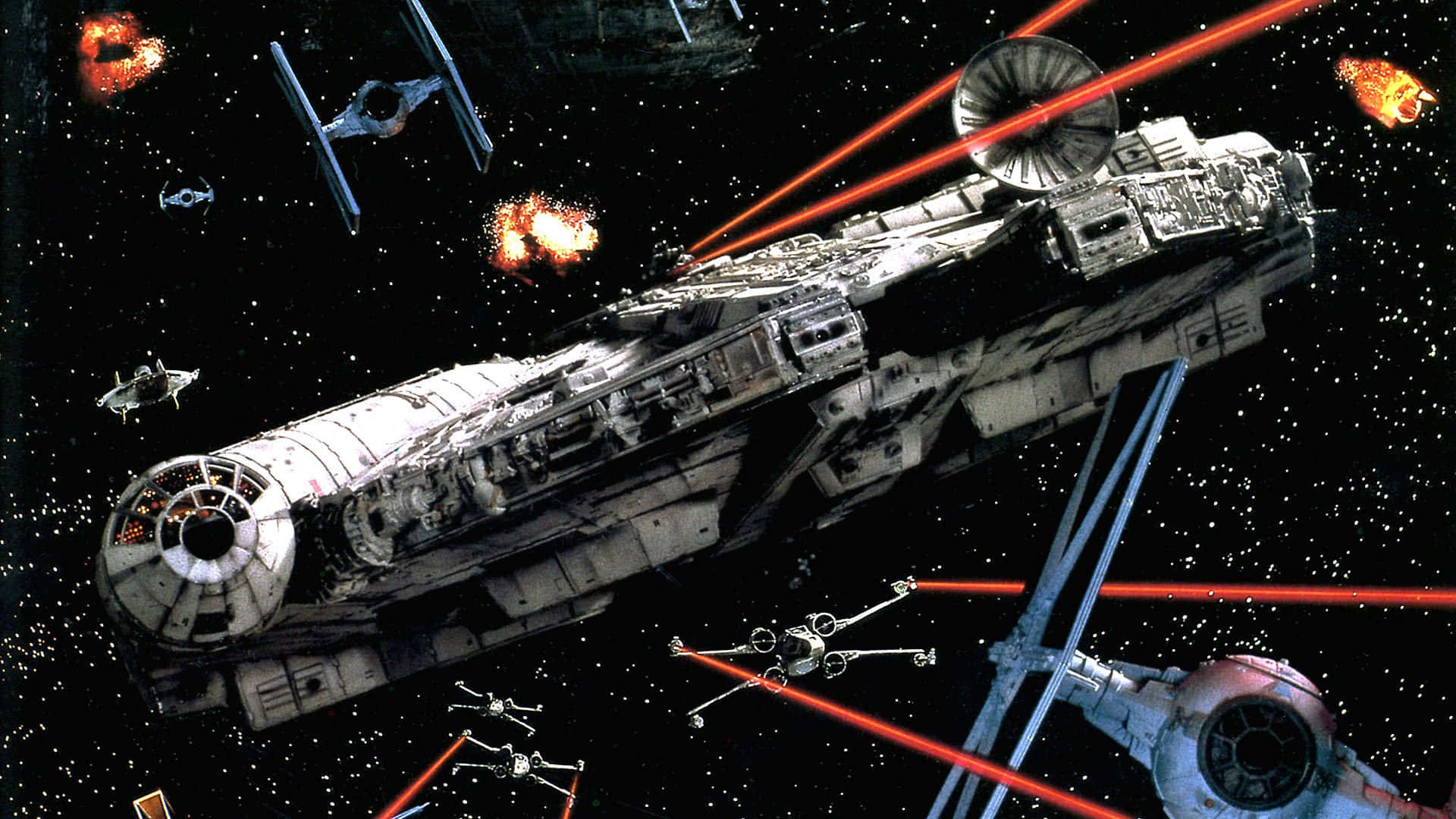 Return Of The Jedi 桌布 壁紙 — 千年鷹號在星域和敵方TIE戰鬥機中躲避雷射火力和爆炸，進行一場混亂的太空戰鬥。