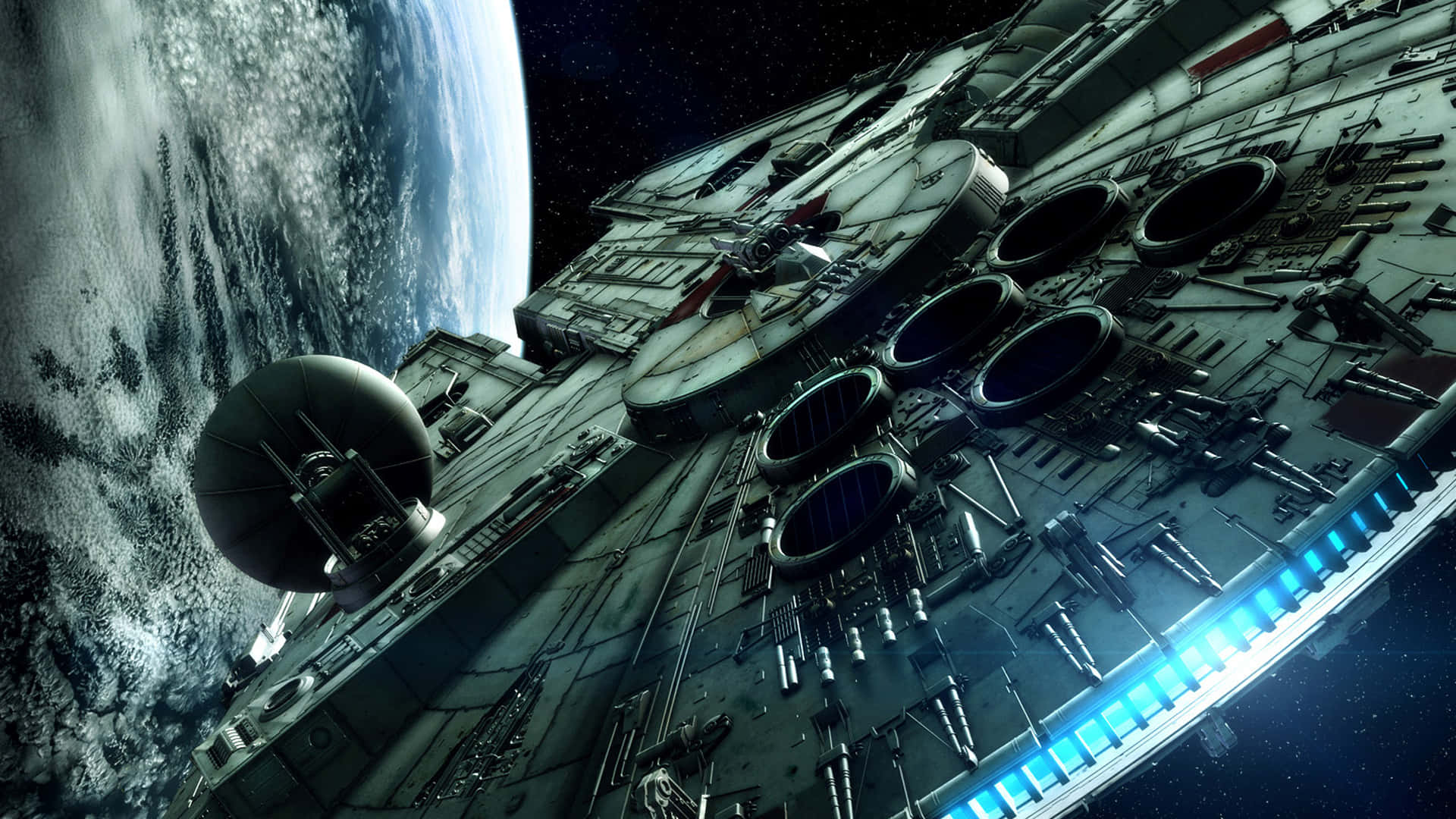 Interstellar Travel 桌布 壁紙 — 千年鷹號太空船在深空中，以藍白相間的行星為背景，顯得格外巨大。