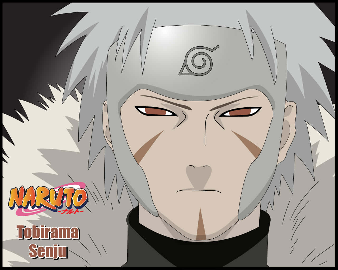 tobirama senju 桌布 壁紙 — 千手扉間來自《火影忍者》的特寫，銀色頭髮和紅色眼睛，戴著頭帶，背景深色。
