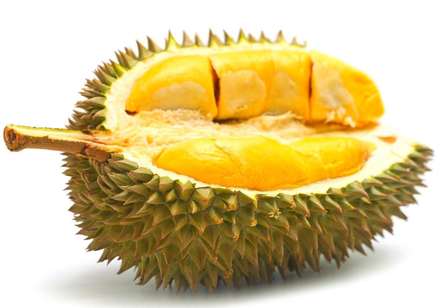 Fruit 桌布 壁紙 — 半個切開的榴槤果實在純白背景上露出其奶油黃色果肉。
