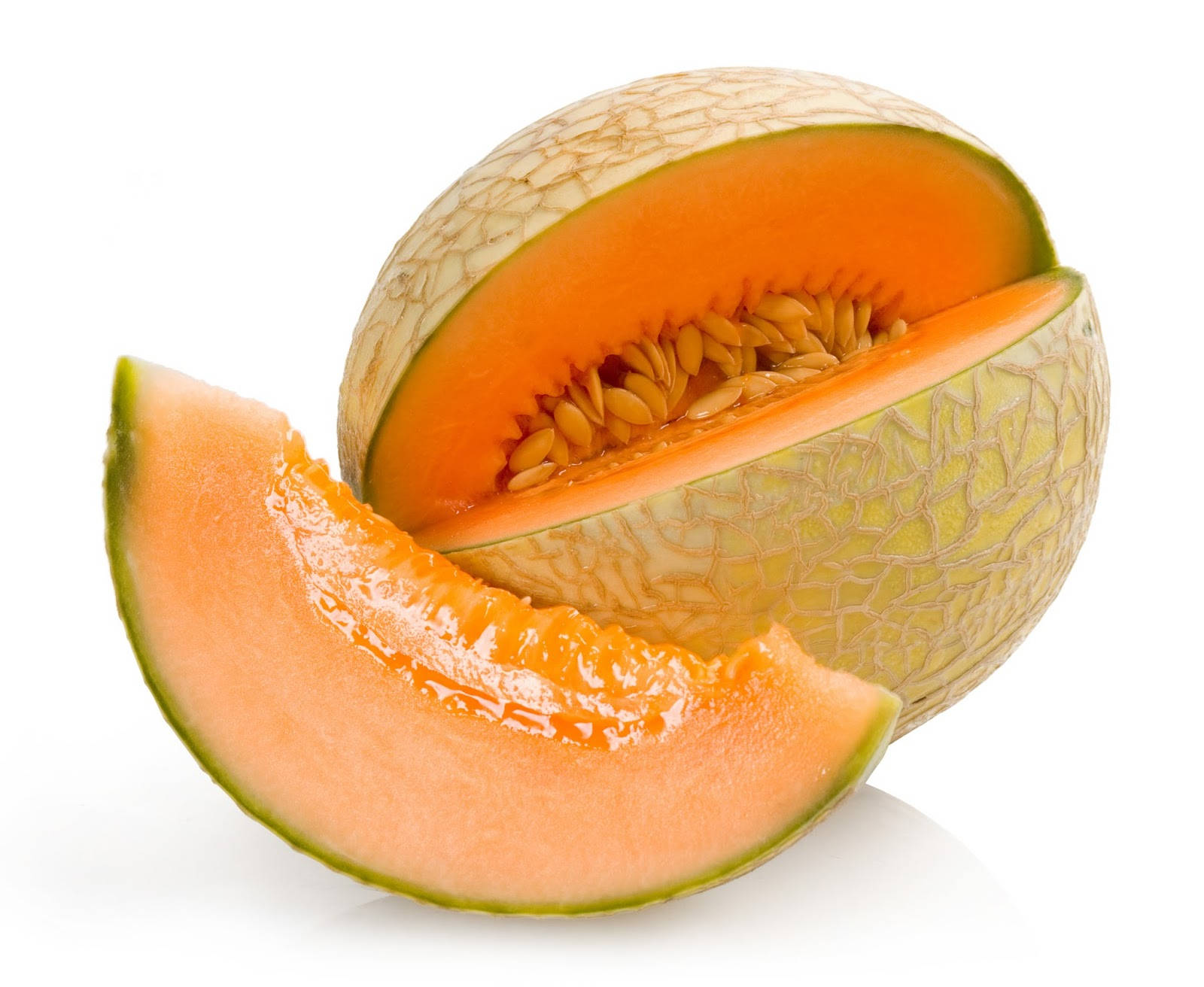 Fruit 桌布 壁紙 — 半個哈密瓜，多汁的橙色果肉，旁邊放著一片，背景為白色。