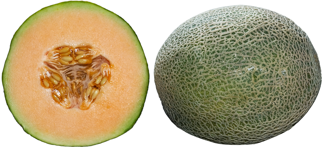 Cantaloupe 桌布 壁紙 — 半個哈密瓜露出多汁的橙色果肉和種子，旁邊是帶有紋理的綠色外皮。