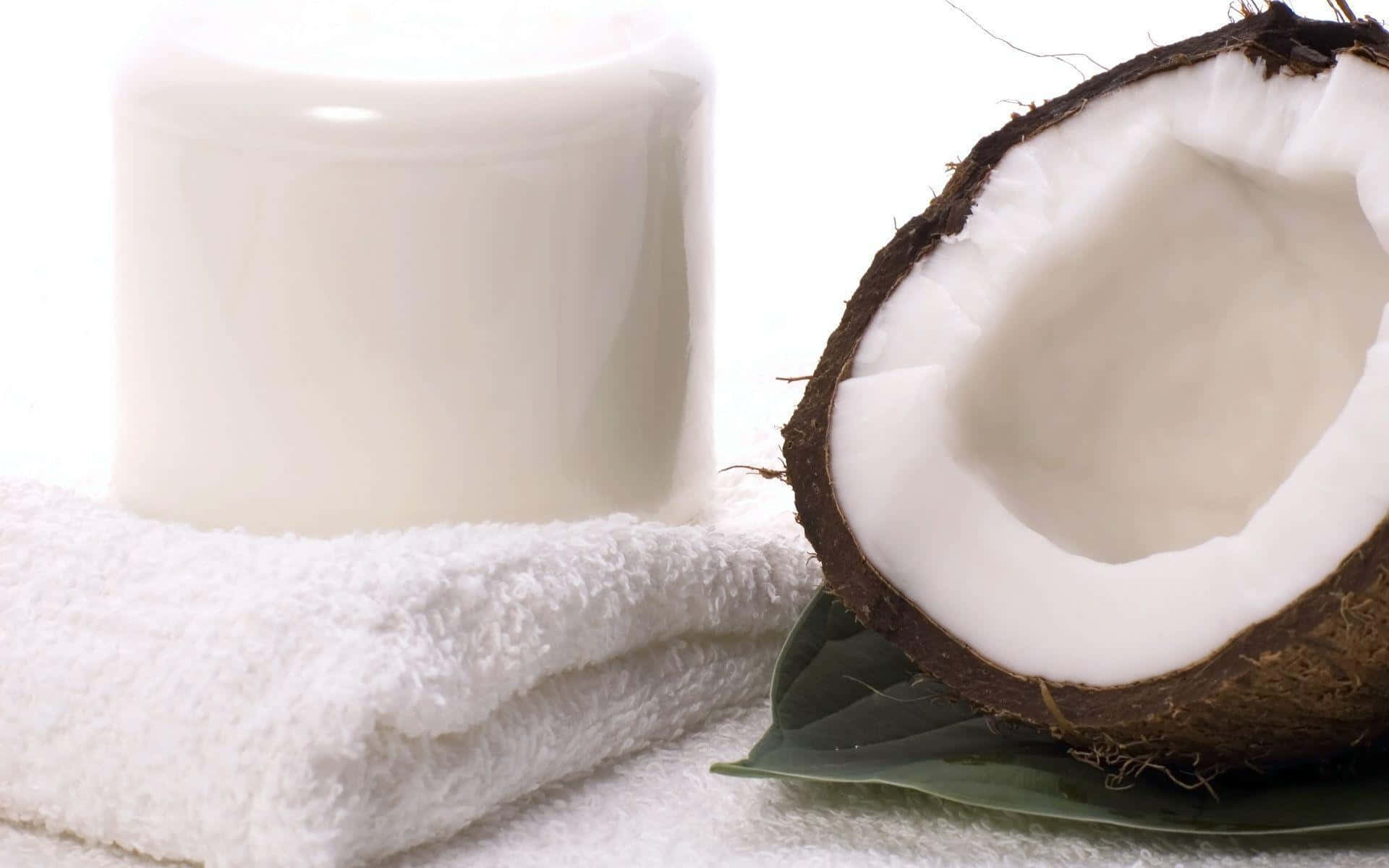 Coconut 桌布 壁紙 — 半個椰子放在綠色葉子上，旁邊有白色蠟燭和摺疊毛巾，背景是明亮的白色。