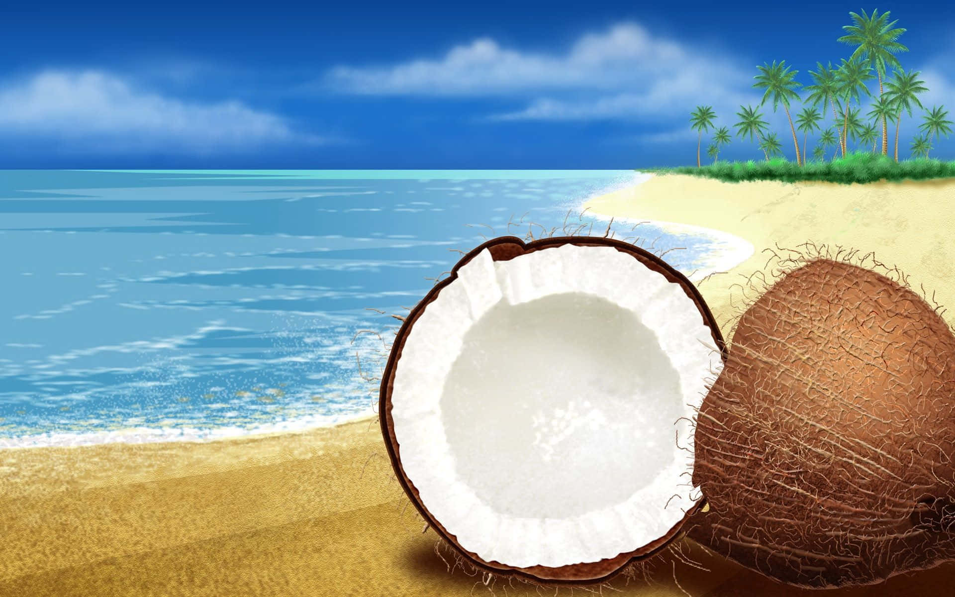 Coconut Tree 桌布 壁紙 — 半個椰子放在金色沙灘上，旁邊是碧綠的海浪和棕櫚樹，頭頂是明亮的藍天。
