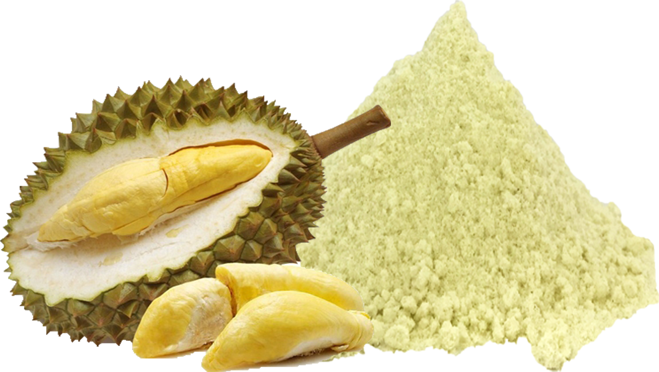 Durian 桌布 壁紙 — 半個榴槤果肉呈奶油黃色，旁邊放著一堆榴槤粉，背景為黑色。