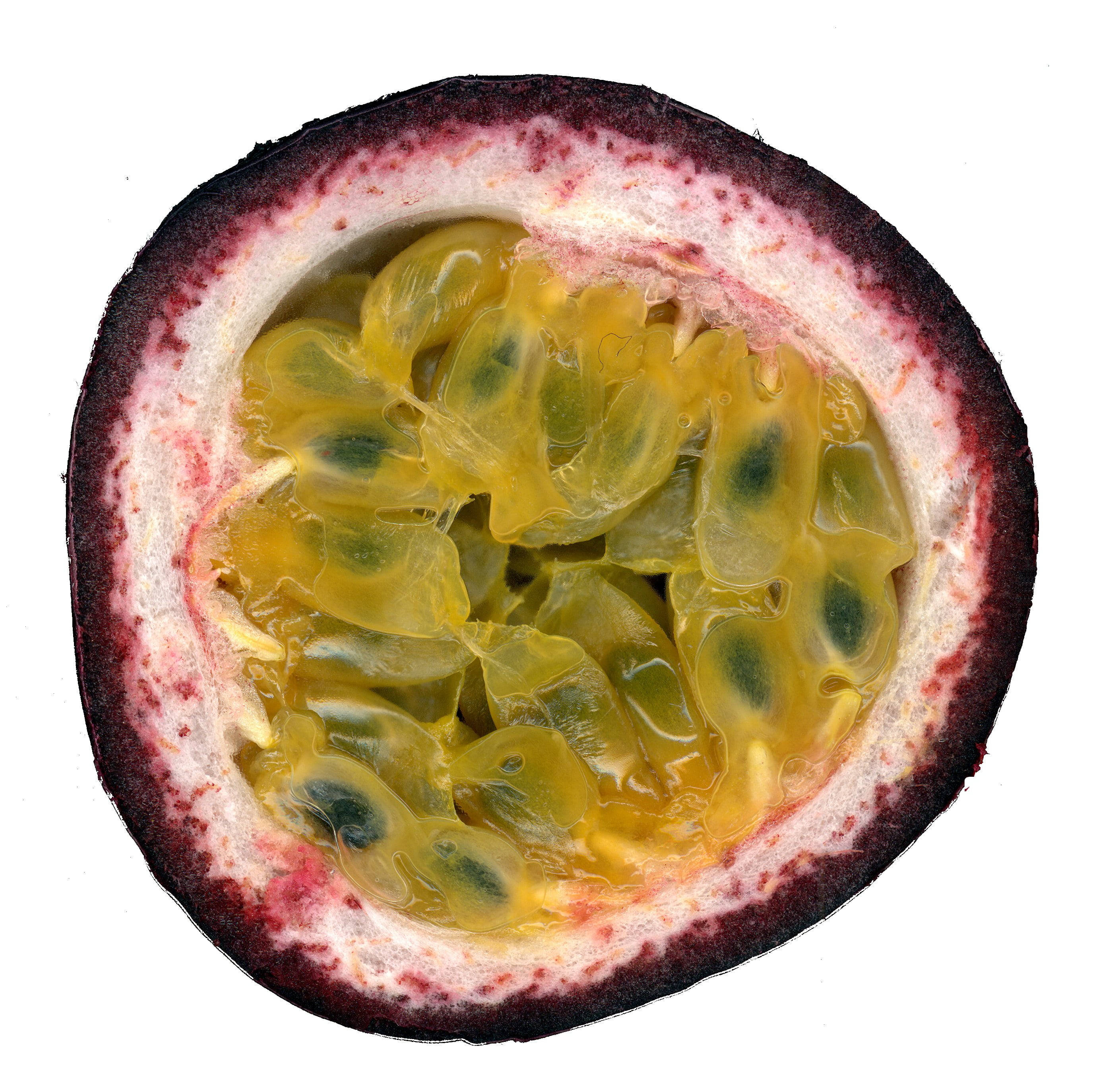Passion Fruit 桌布 壁紙 — 半個百香果露出閃亮的黃色果肉囊和黑色種子，背景為白色。